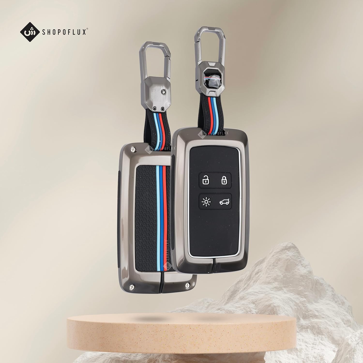 SHOPOFLUX Metal Key Cover Compatible with Renault Triber | Kiger 4 Button Smart Key Black