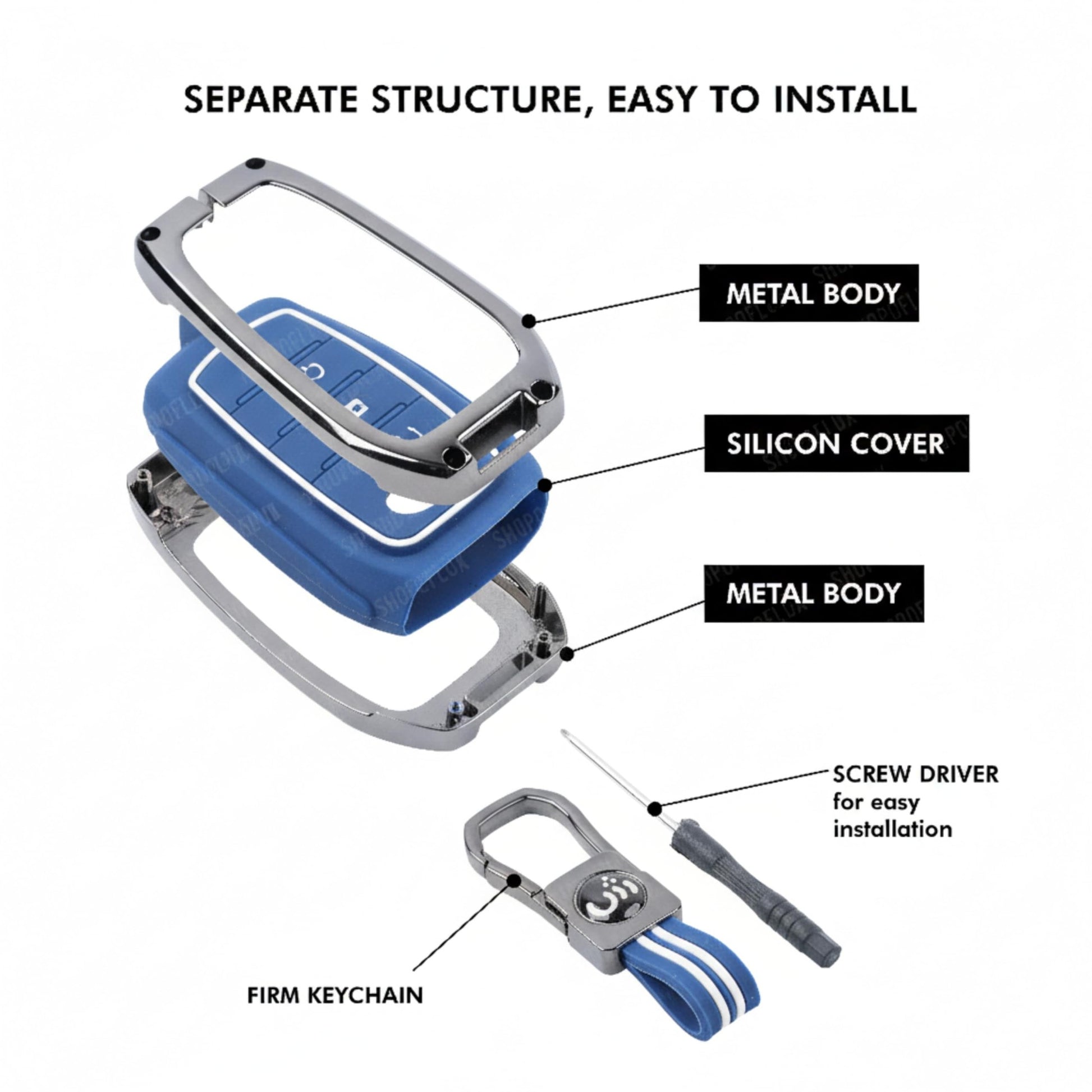 SHOPOFLUX Metal Key Cover Compatible with Toyota Fortuner | Fortuner Legender | Innova Hycross | Invicto 3 Button Smart Key (Metal Blue Silicone) Shopoflux