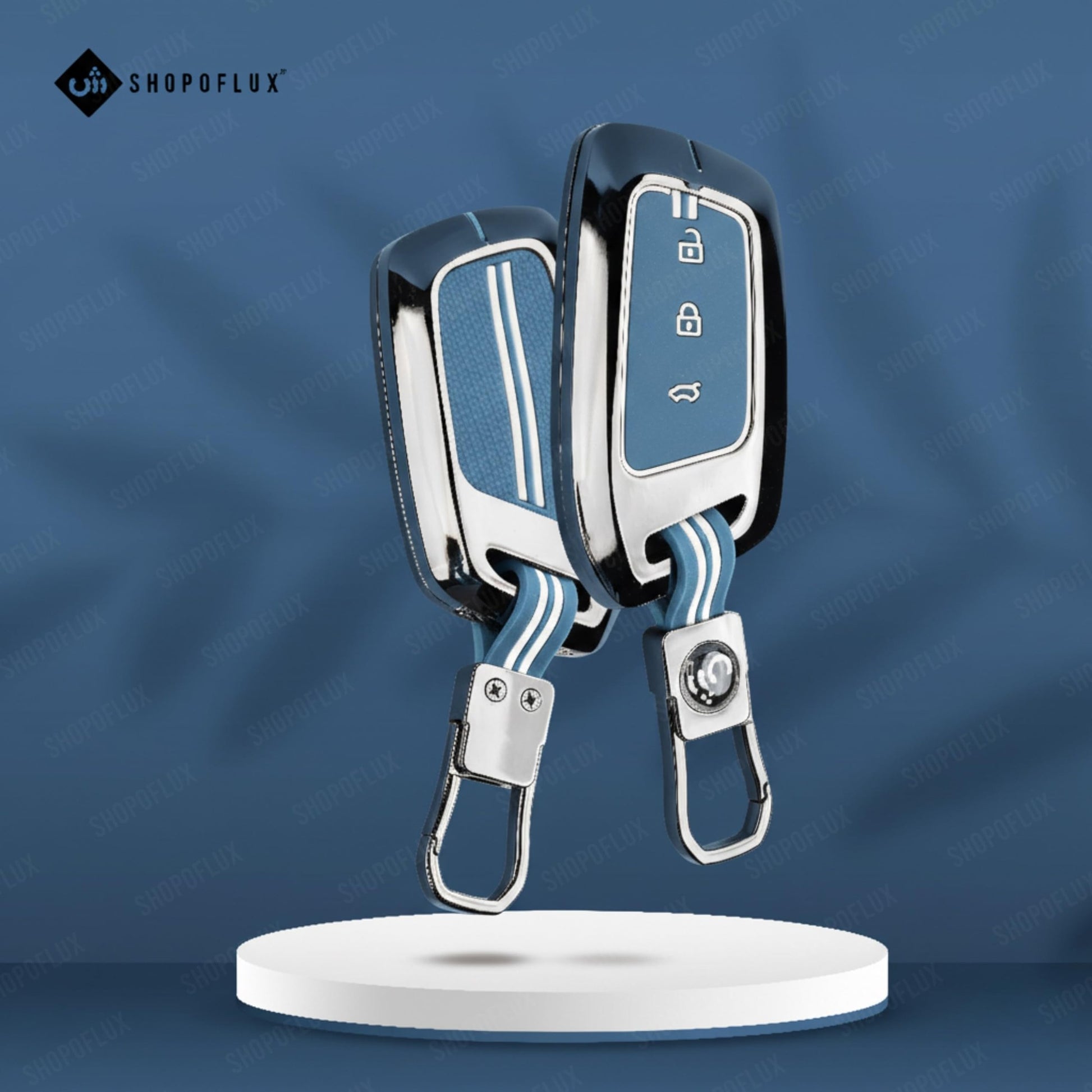 SHOPOFLUX Metal Car Key Cover Compatible for MG Hector | Windsor EV 3 Button Smart Key (Metal Blue Silicone) (Copy) Shopoflux