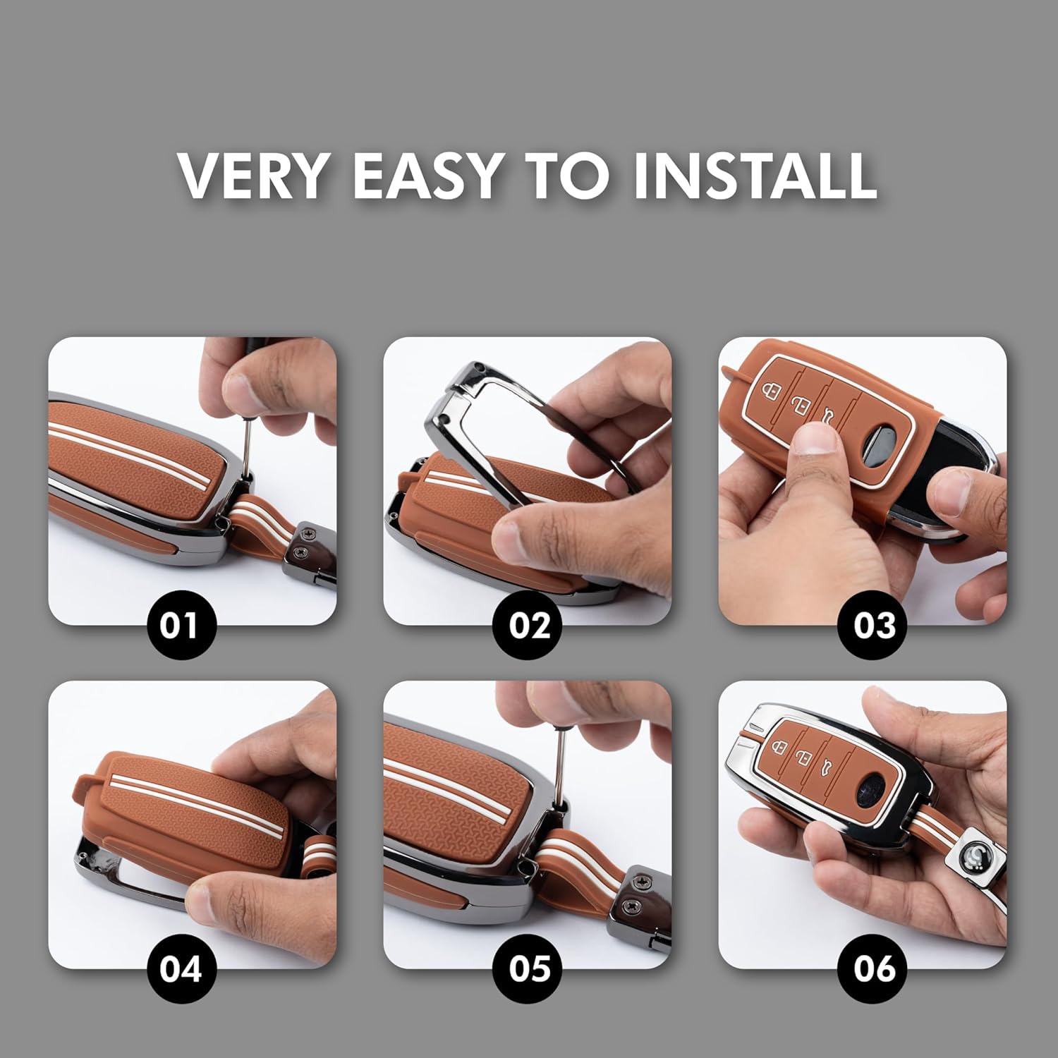 SHOPOFLUX Metal Key Cover Compatible with Tata Tiago | Nexon | Altroz | Curvv | Safari | Storme | Zest | Bolt | Tigor | Punch | Hexa 3 Button Flip Key (Brown Silicone) Shopoflux