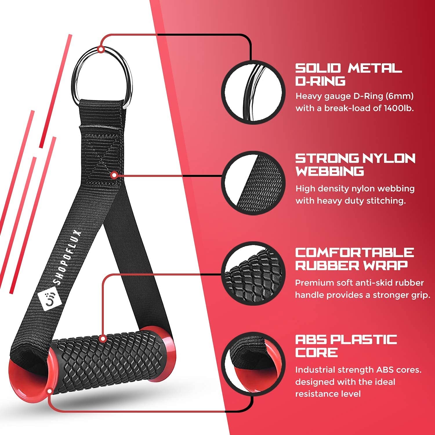 Shopoflux® Heavy Duty Handles with Solid ABS Cores and Welded D-Rings for Gym Machine, Resistance Band, Cable Machines 1 Pair Red