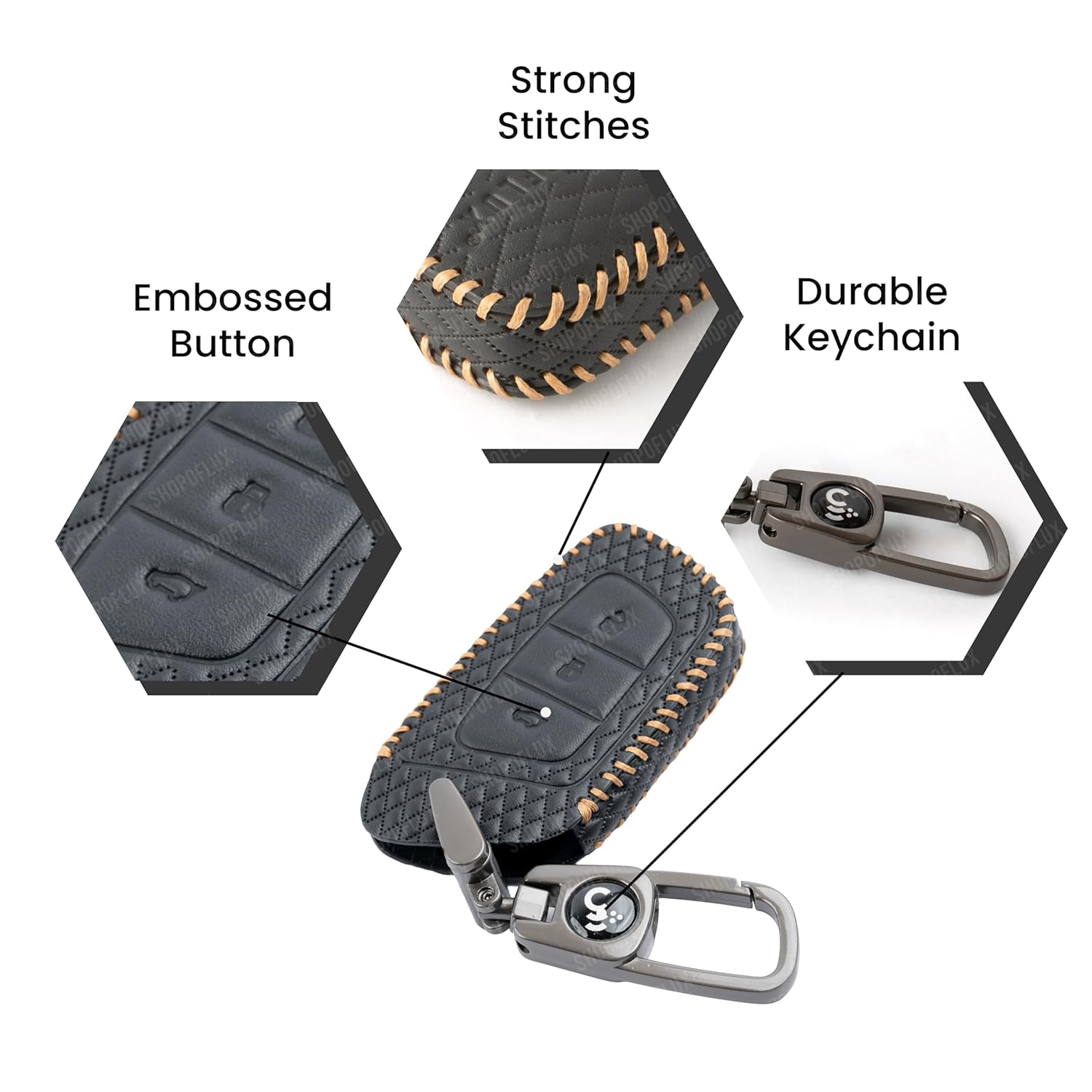 SHOPOFLUX Car Key Cover Compatible for MG Hector | Windsor EV 3 Button Smart Key (Leather Black) Shopoflux