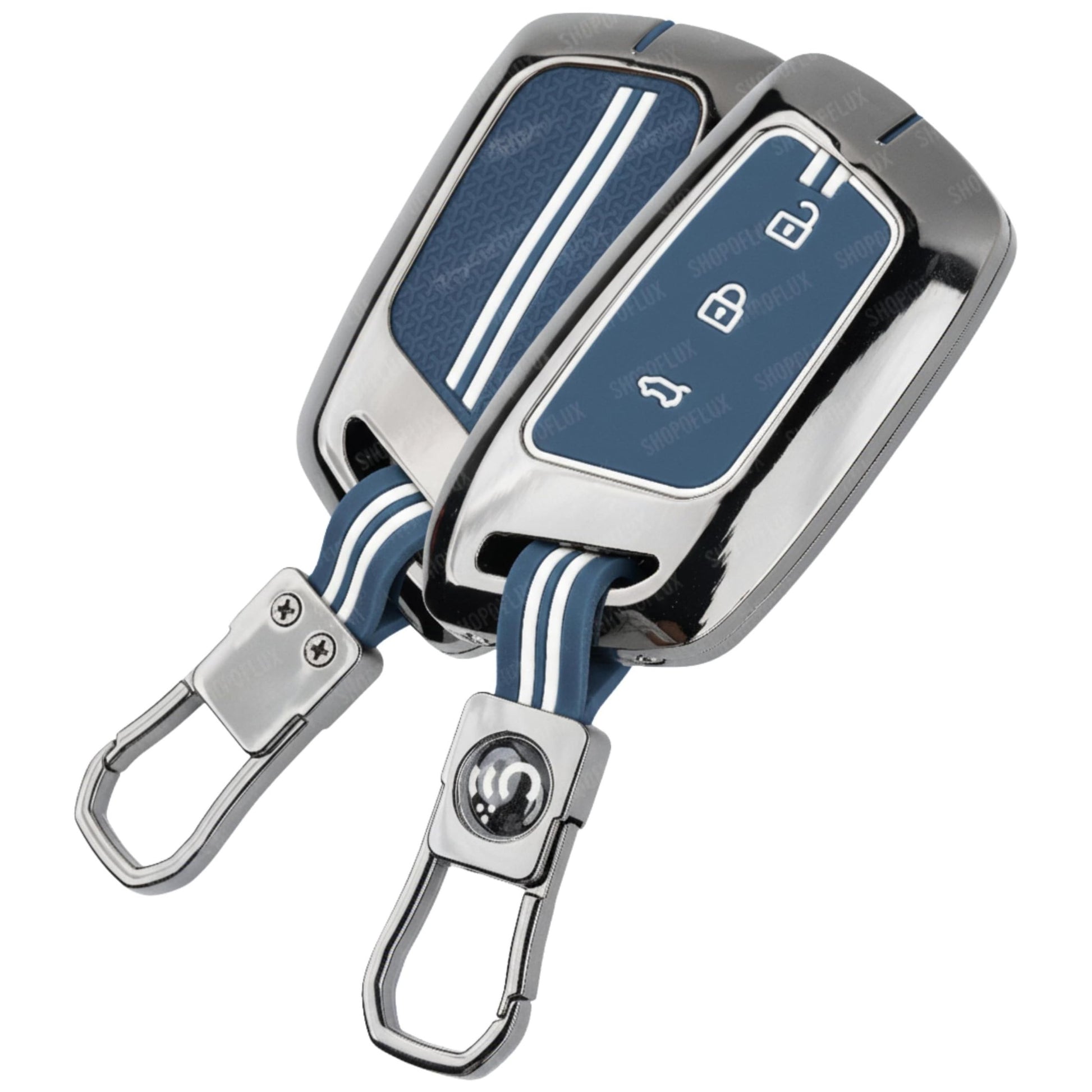 SHOPOFLUX Metal Car Key Cover Compatible for MG Hector | Windsor EV 3 Button Smart Key (Metal Blue Silicone) Shopoflux