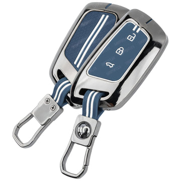 SHOPOFLUX Metal Car Key Cover Compatible for MG Hector | Windsor EV 3 Button Smart Key (Metal Blue Silicone)