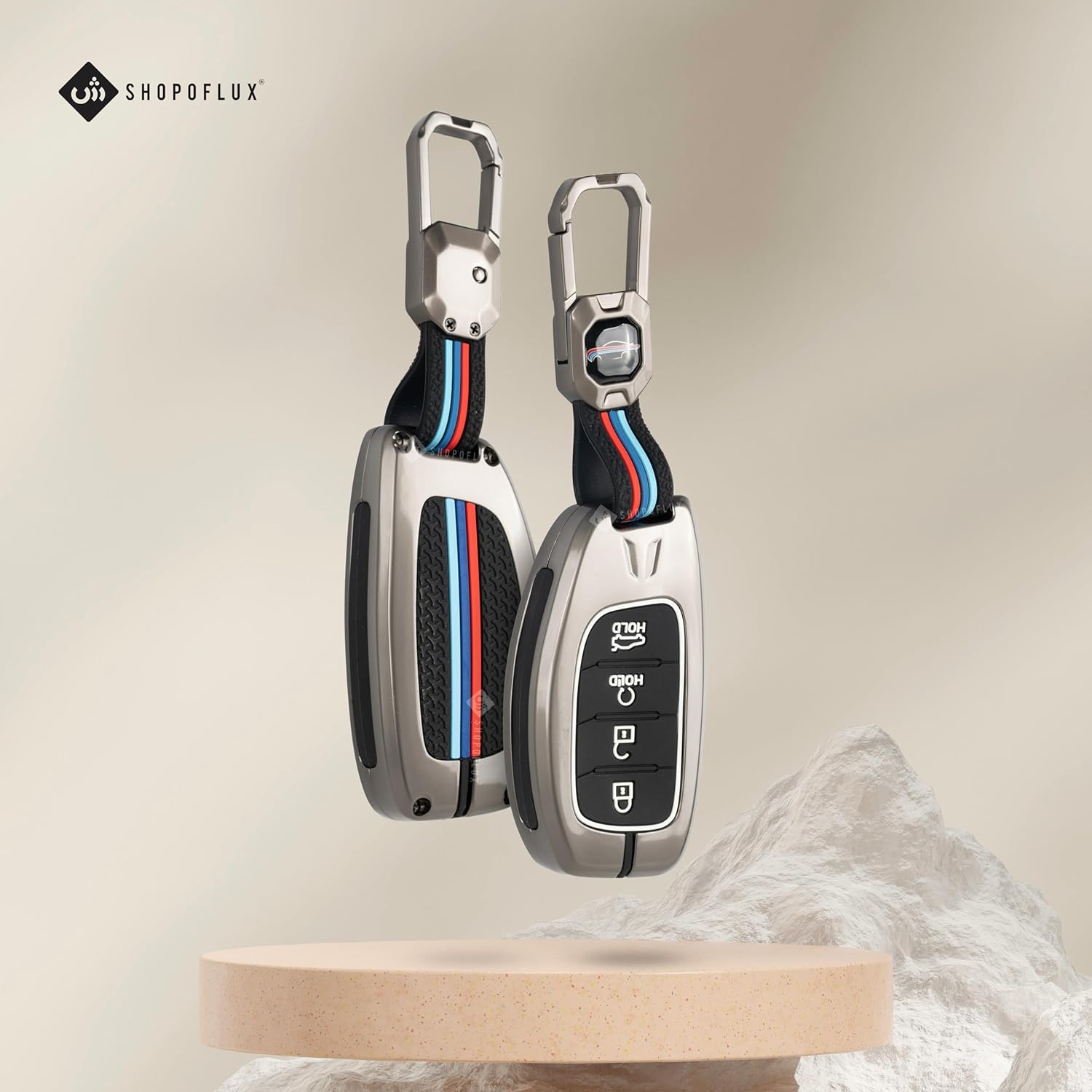 SHOPOFLUX Metal Key Cover Compatible with Hyundai Alcazar and Creta Car 4 Button Smart Key - Black