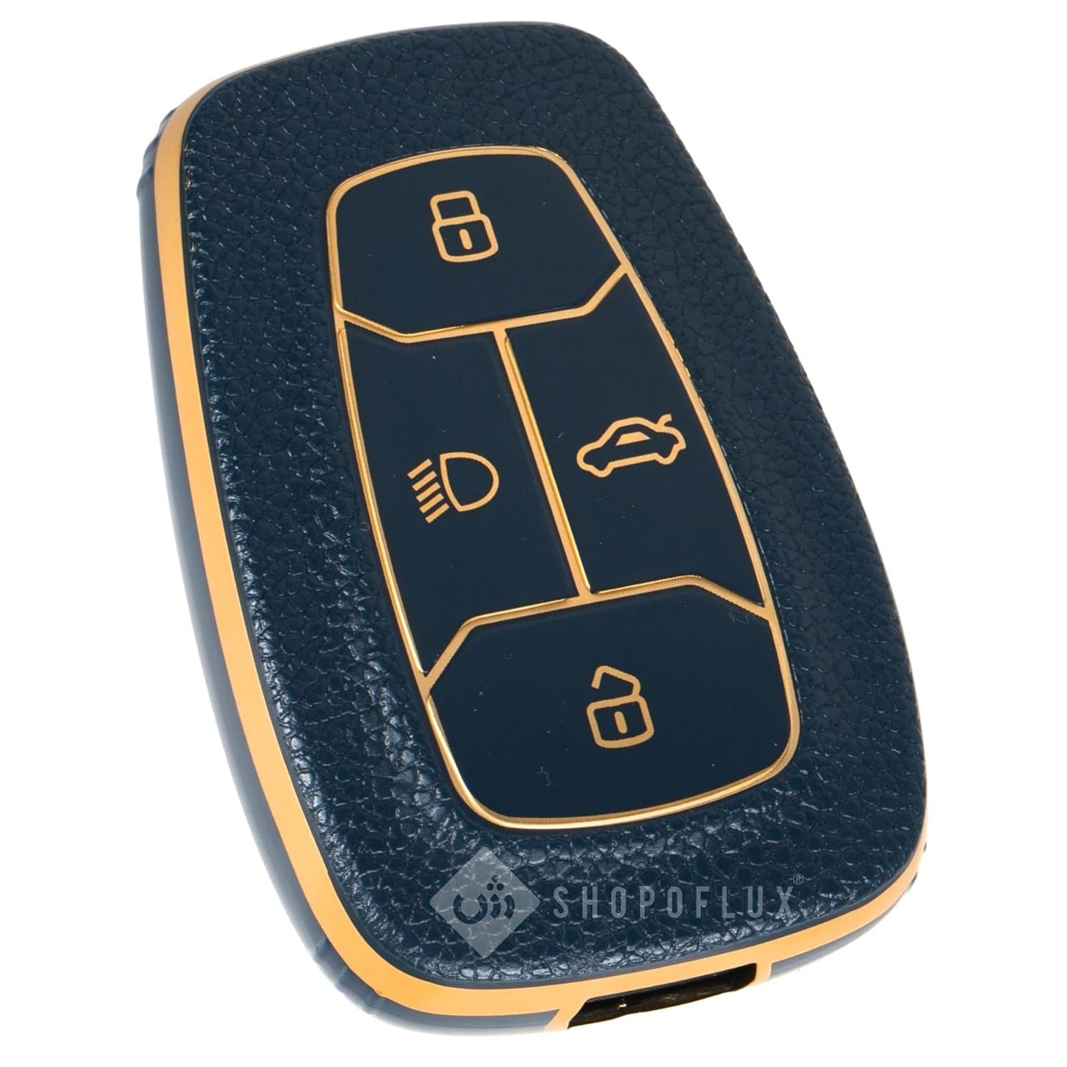 SHOPOFLUX TPU Leather Key Cover Compatible with Tata Nexon | Harrier | Safari | Altroz | Tigor | EV | Punch | Tiago EV Electric 4 Button Smart Key Only Blue Gold