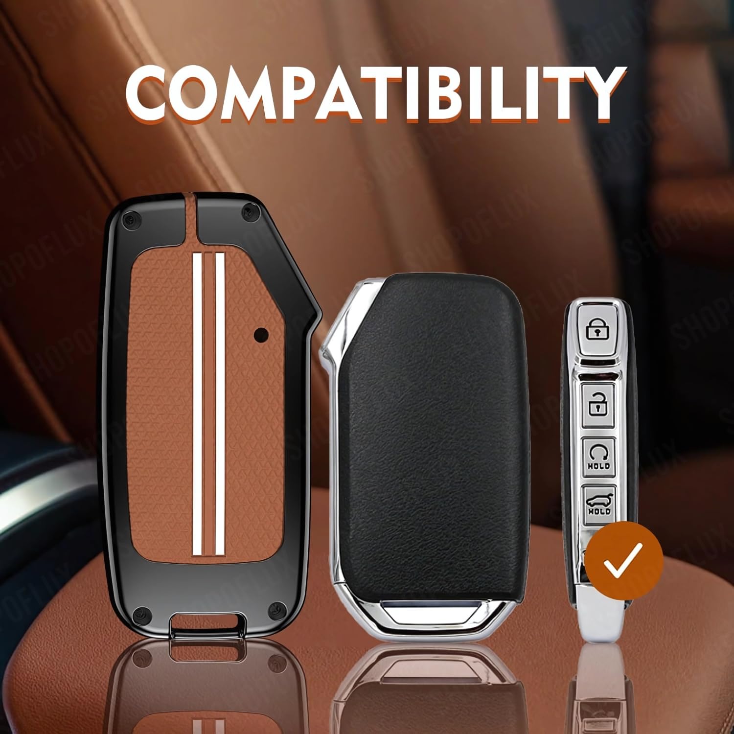 SHOPOFLUX Metal Key Cover Compatible with Kia Seltos 2024 2023 Facelift HTX | Carens Clavis X Line | Sonet Facelift 4 Button Smart Key (Brown Silicone) Shopoflux
