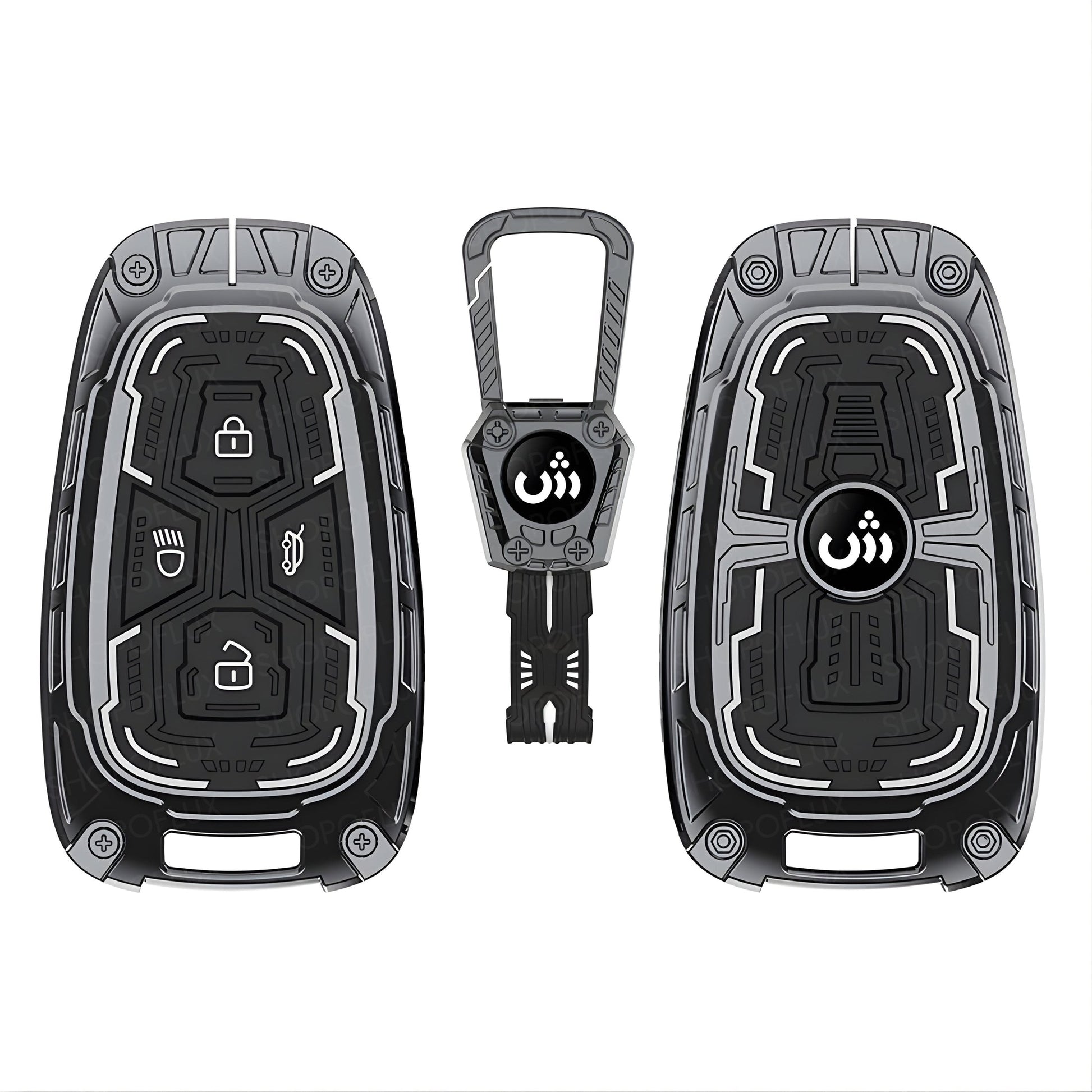 SHOPOFLUX Key Cover Compatible with Tata Nexon | Harrier | Safari | Altroz | Tigor | EV | Punch | Tiago EV Electric 4 Button Smart Key (Metal Silicone Blackk) Shopoflux