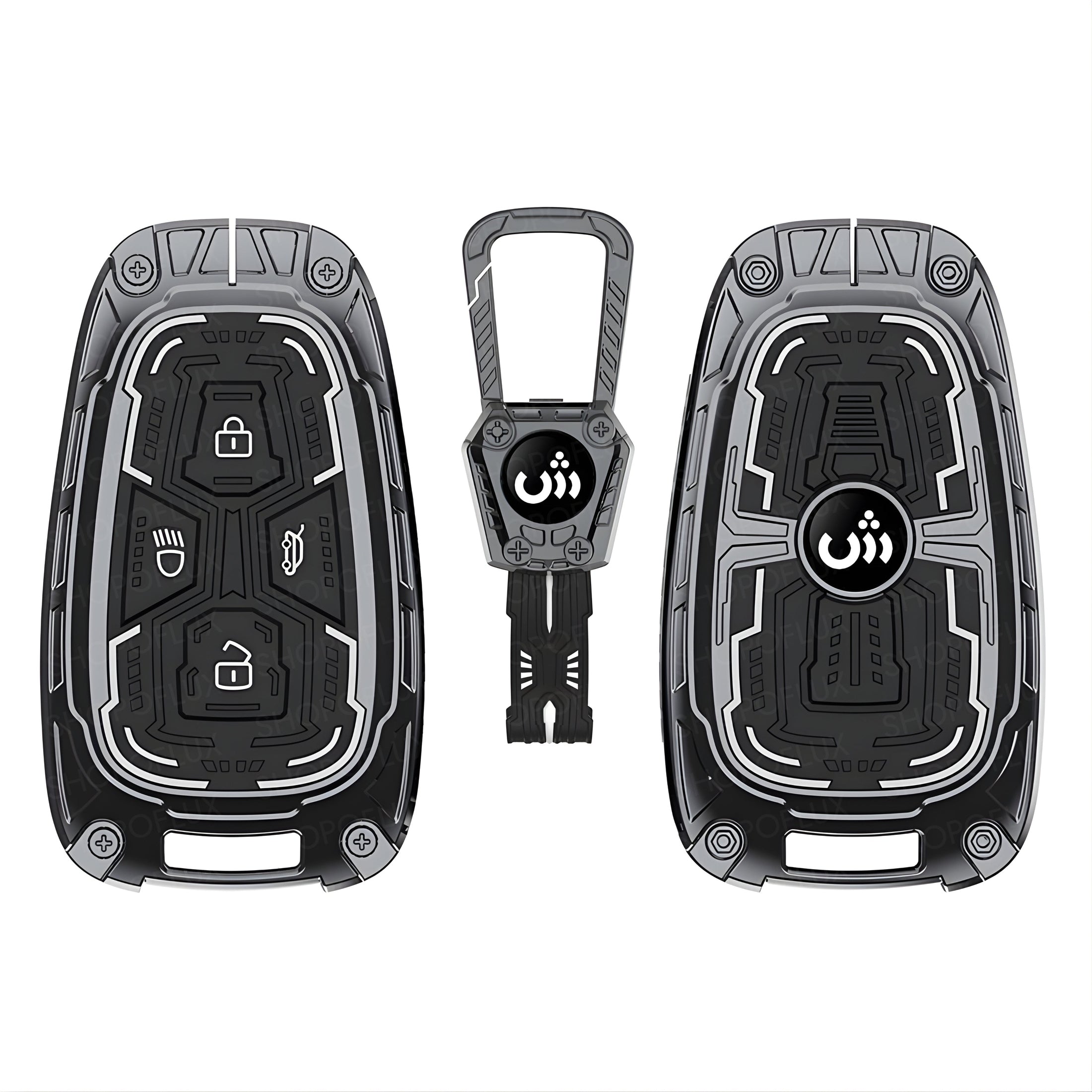 SHOPOFLUX Key Cover Compatible with Tata Nexon | Harrier | Safari | Altroz | Tigor | EV | Punch | Tiago EV Electric 4 Button Smart Key (Metal Silicone Blackk) Shopoflux