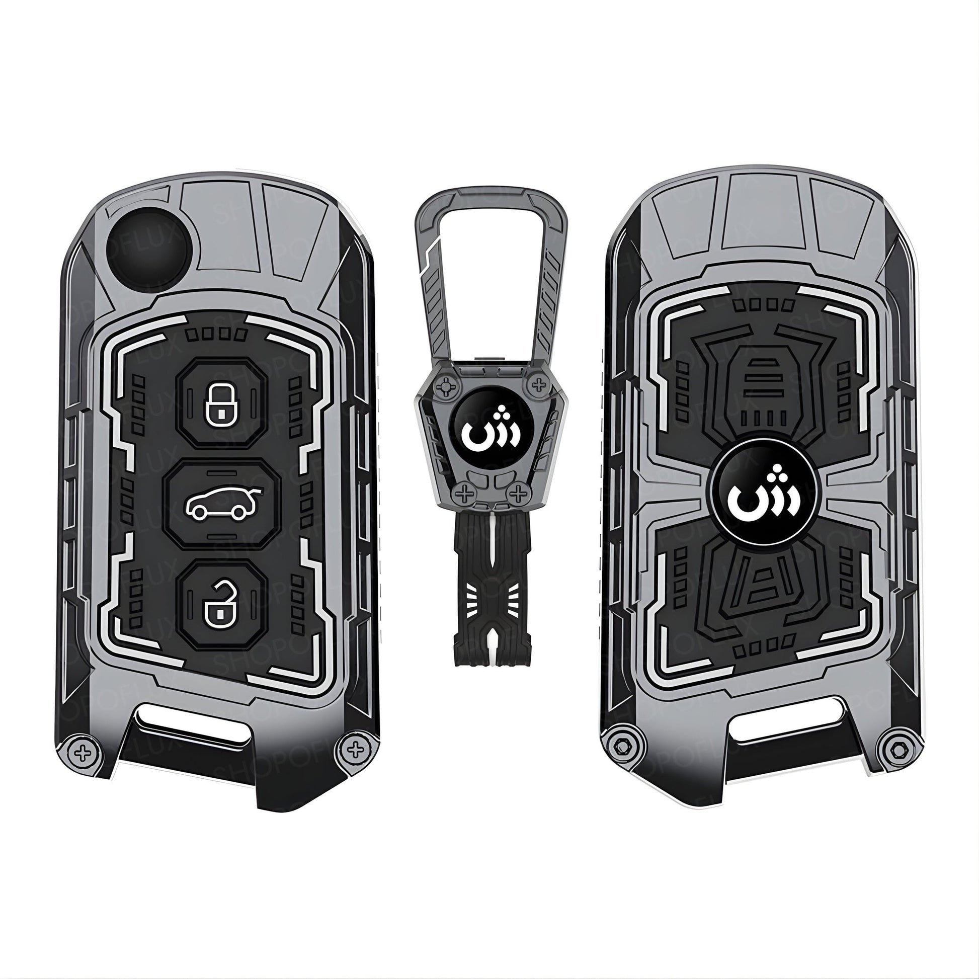 SHOPOFLUX Metal Key Cover Compatible with Mahindra Scorpio N | 3XO | XUV 300 | Marazzo | XUV 700 | XUV 400 ev | Bolero | Thar Roxx 3 Button Flip Key (Metal Silicone Black) Shopoflux