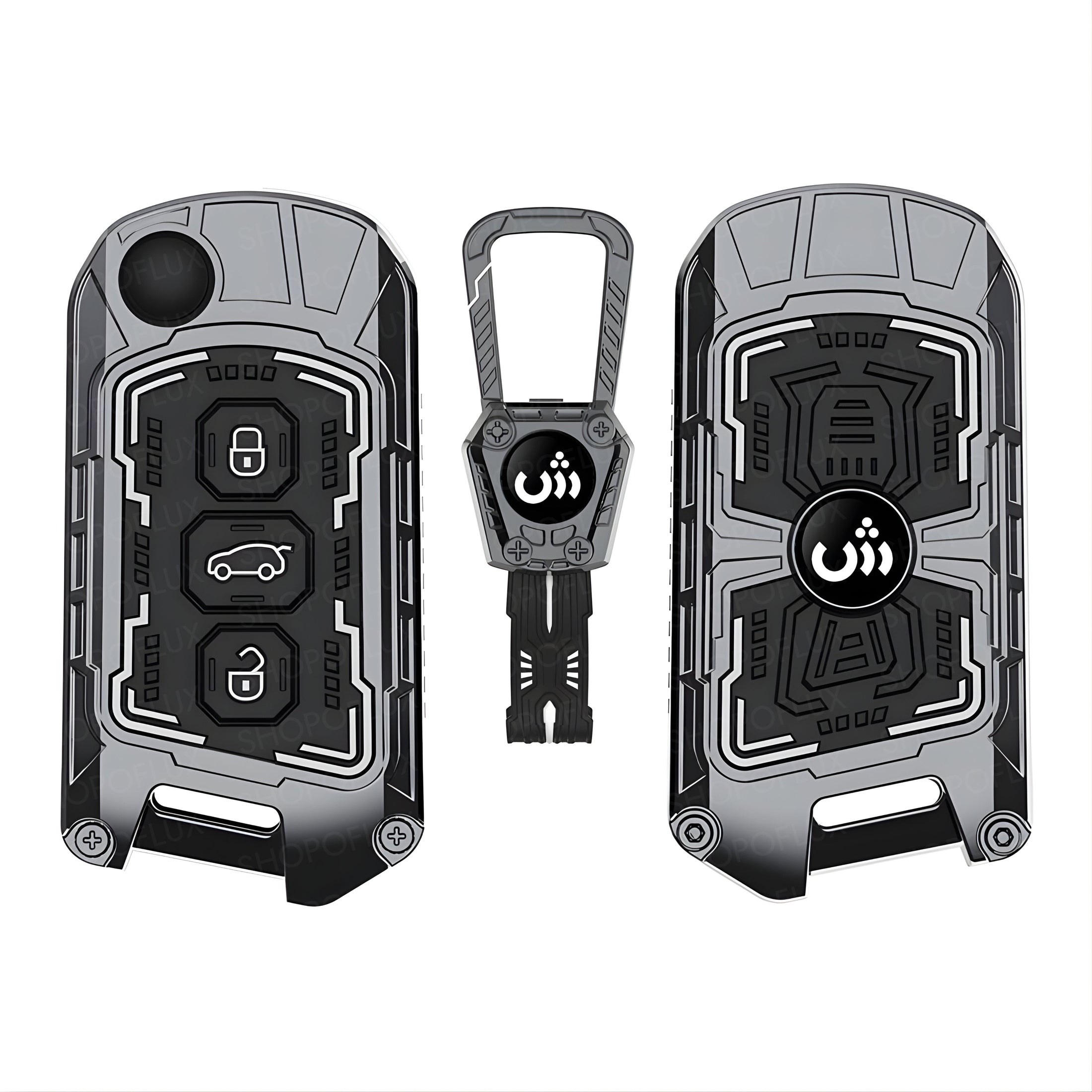 SHOPOFLUX Metal Key Cover Compatible with Mahindra Scorpio N | 3XO | XUV 300 | Marazzo | XUV 700 | XUV 400 ev | Bolero | Thar Roxx 3 Button Flip Key (Metal Silicone Black) Shopoflux