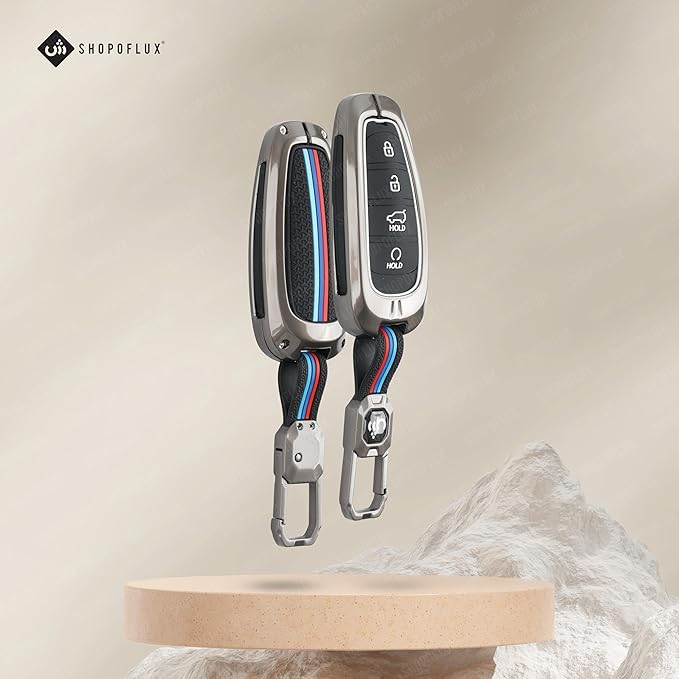 SHOPOFLUX Metal Key Cover Compatible for Hyundai Tucson Car 4 button smart key