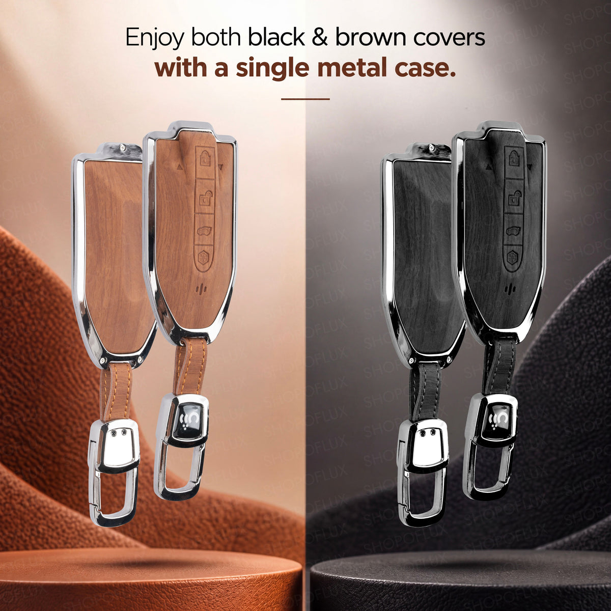 SHOPOFLUX Metal Key Cover Compatible with Mahindra BE 6, XEV 9 EV, XUV 7XO Smart Key (Black Brown Leather)