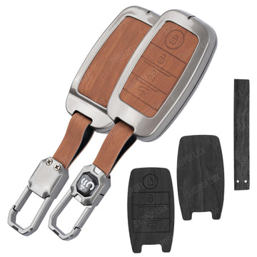 SHOPOFLUX Metal Key Cover Compatible with Kia Seltos | Sonet | Carens 4 Button Smart Key (Black Brown Leather)