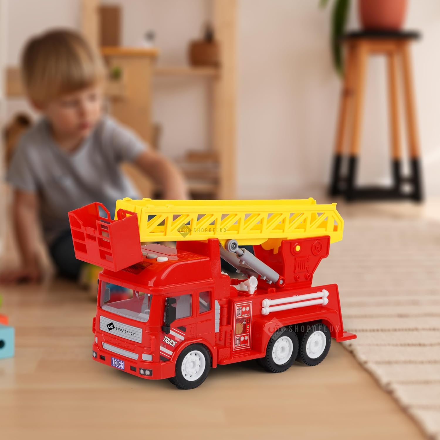 SHOPOFLUX Fire Ladder Rescue Truck Toy with Light & Sound, Friction Powered Push and Go Truck Toys for Kids, Boys and Girls Aged 3+ Year Fire Truck