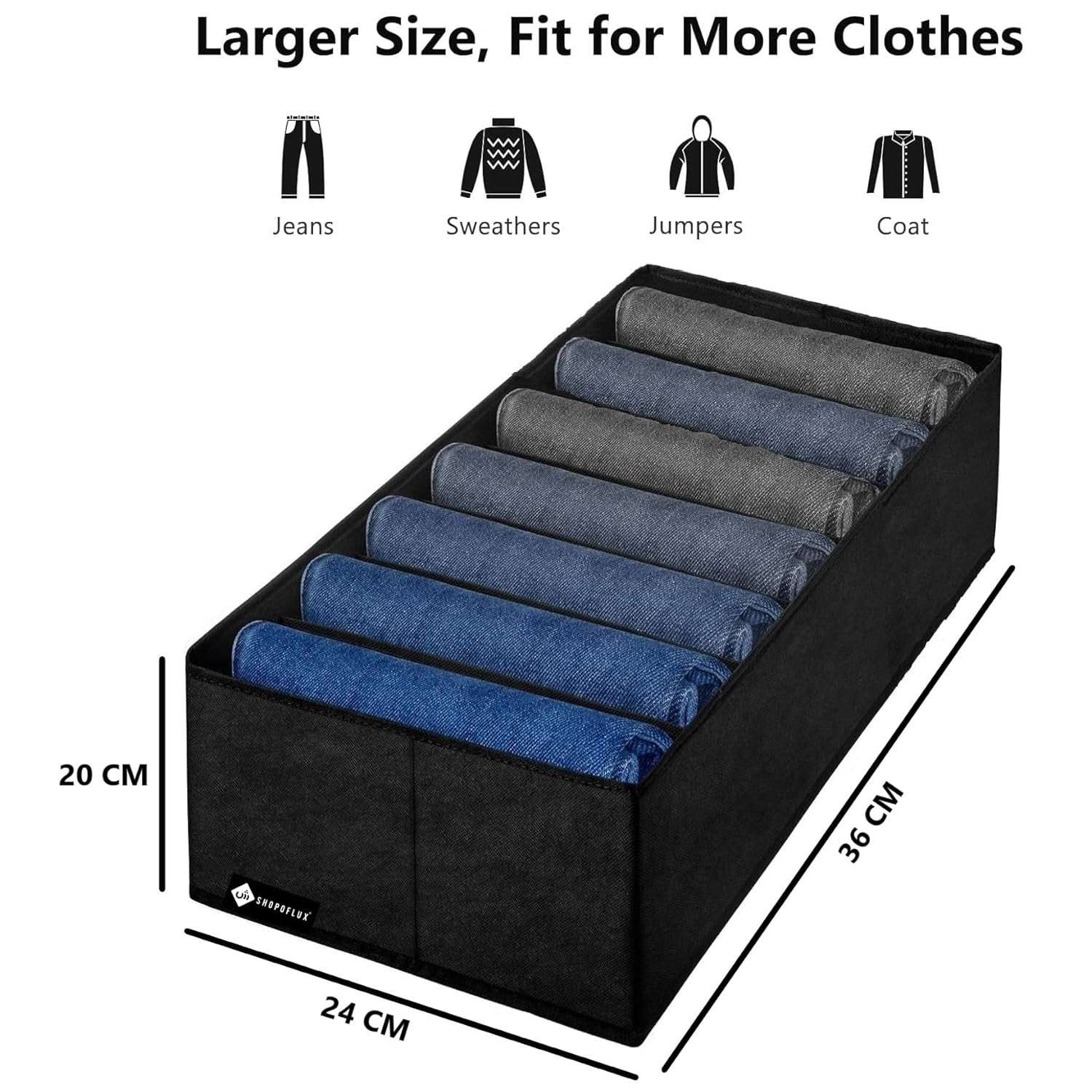 SHOPOFLUX Clothes Organizer for Wardrobe - Ideal for Jeans, Pants, Shirts - Drawer Closet Storage Solution Pack of 1, Black 7 Slots