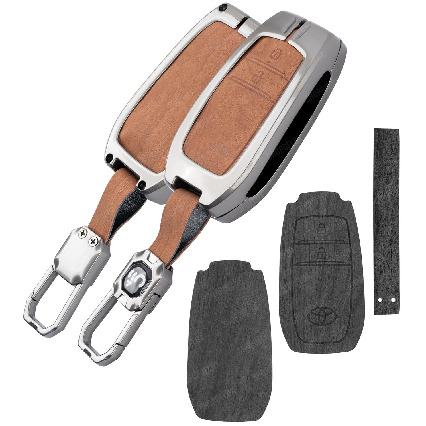 SHOPOFLUX Metal Key Cover Compatible with Toyota Innova Crysta, Hilux, Invicto 2 Button Smart Only (Leather Black Brown) Shopoflux