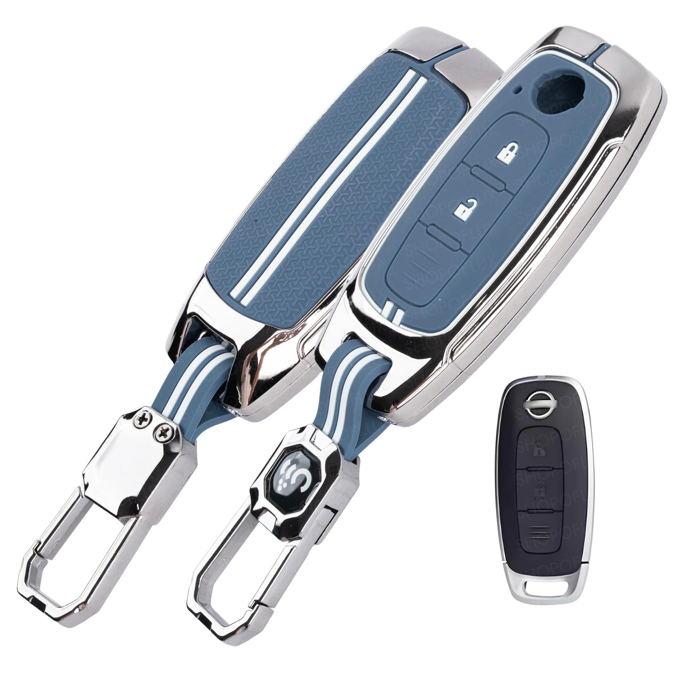SHOPOFLUX Metal Key Cover Compatible with Nissan Magnite 2 Button Smart Key (Metal Silicone Blue) Shopoflux