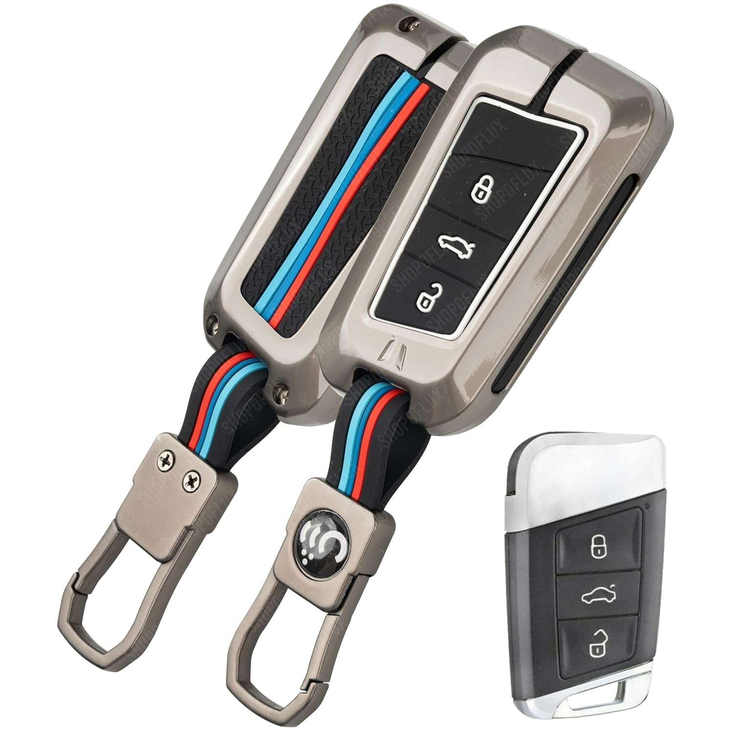 SHOPOFLUX Metal Car Key Cover Compatible for Skoda Octavia, Slavia, Kodiaq, Kushaq 3 Button Smart Key Black