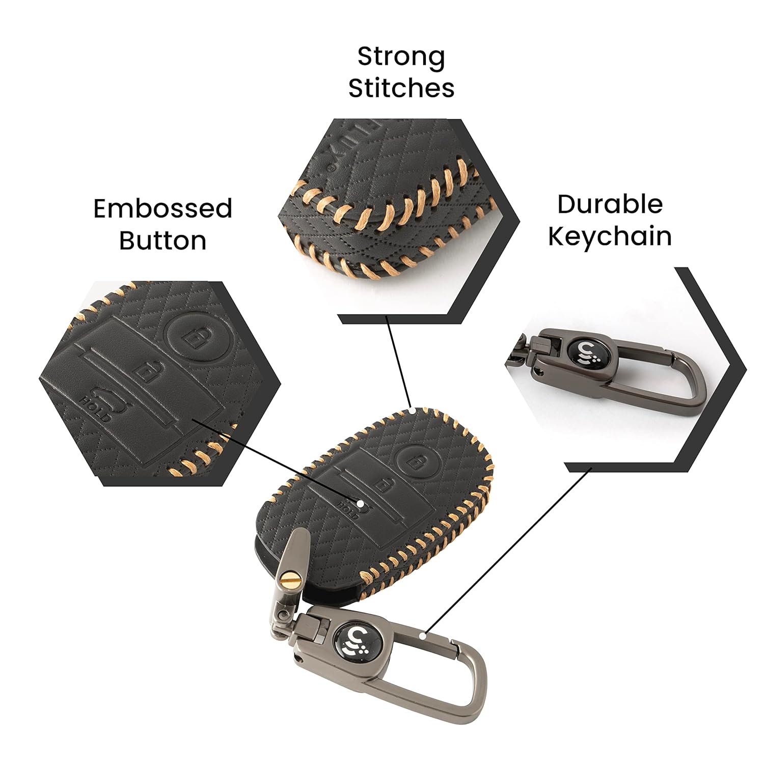SHOPOFLUX Leather Key Cover Compatible with Kia Sonet | Carens | Seltos 3 Button Smart Key Only Black