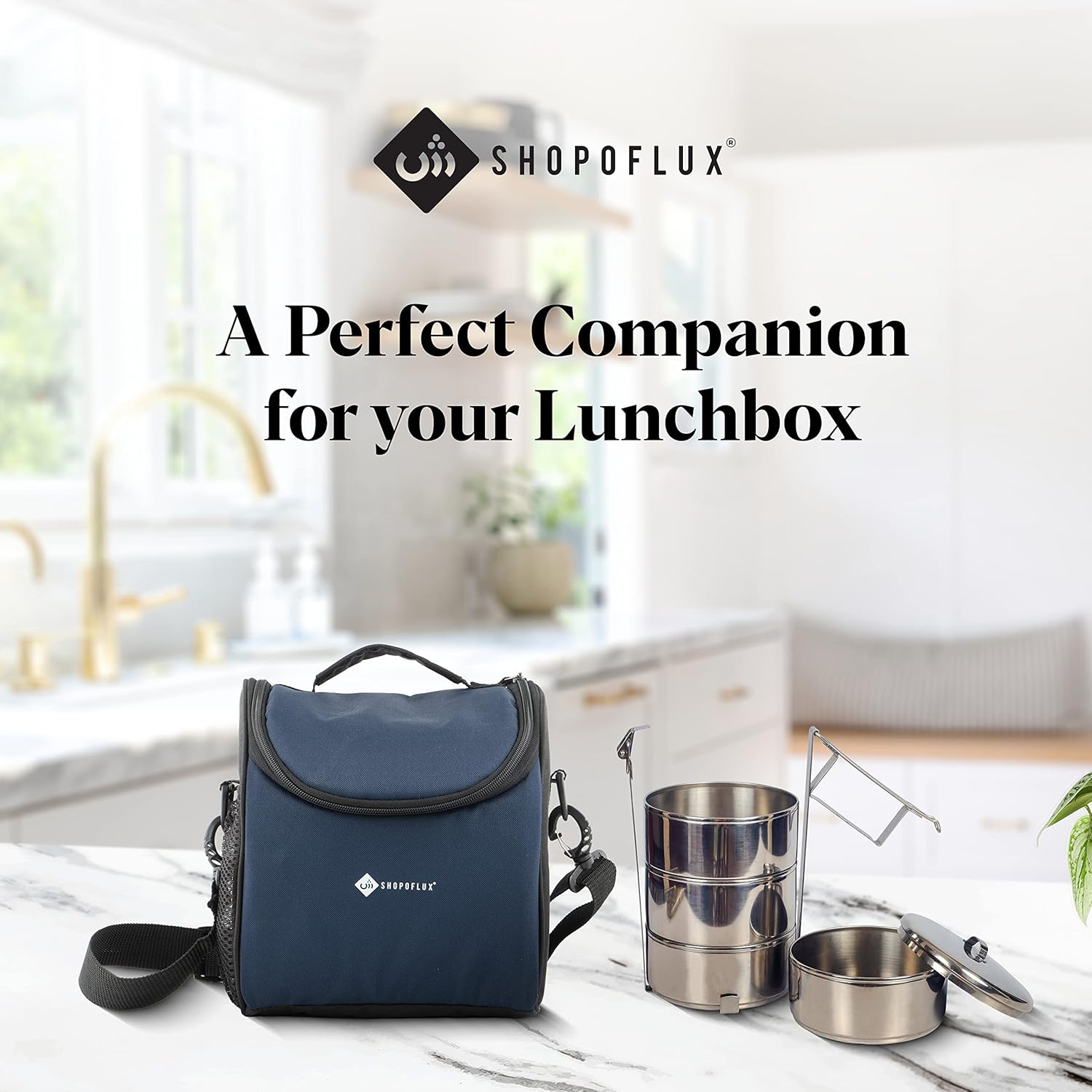 SHOPOFLUX Lunch Bag for Men and Women, Insulated Tiffin Bags for Office, College, School with Crossbody Belt Blue