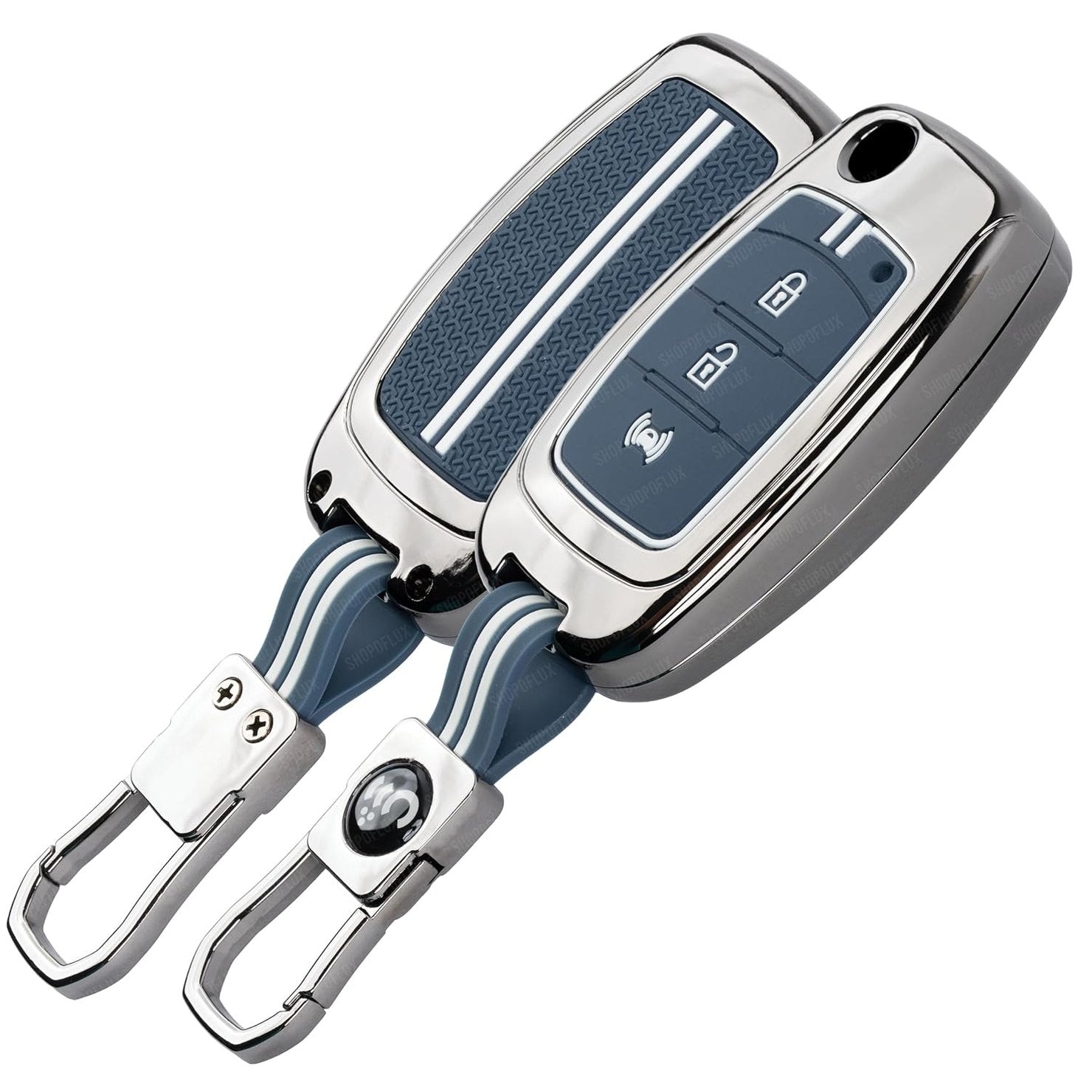 SHOPOFLUX Metal Key Cover Compatible for Mahindra XUV 300 and Alturas G4 Car 3 Button Flip Key (Metal Silicone Blue)