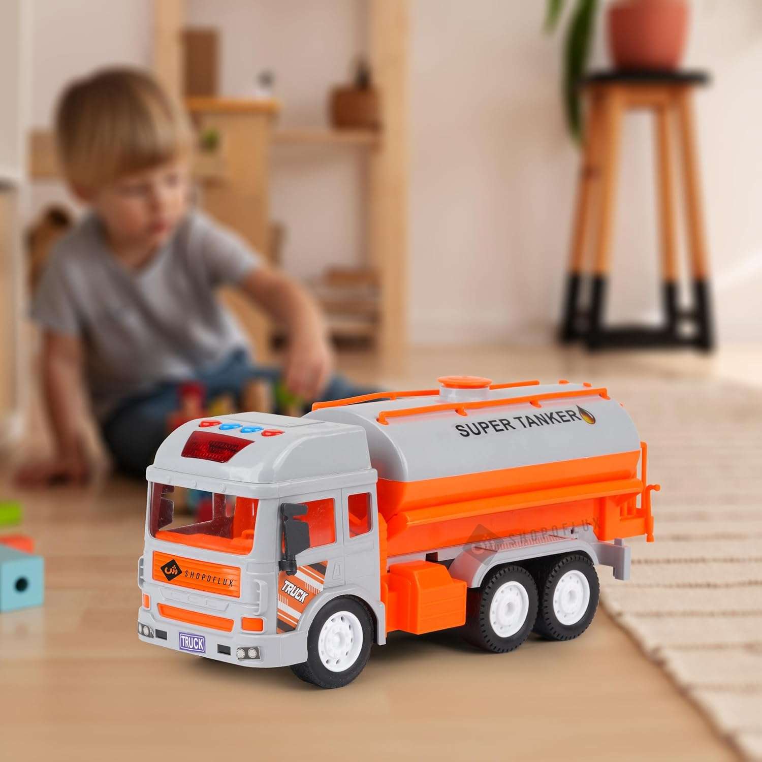 SHOPOFLUX Construction Tanker Truck Toy with Light & Sound, Friction Powered Push and Go Truck Toys for Kids, Boys and Girls Aged 3+ Year Tanker