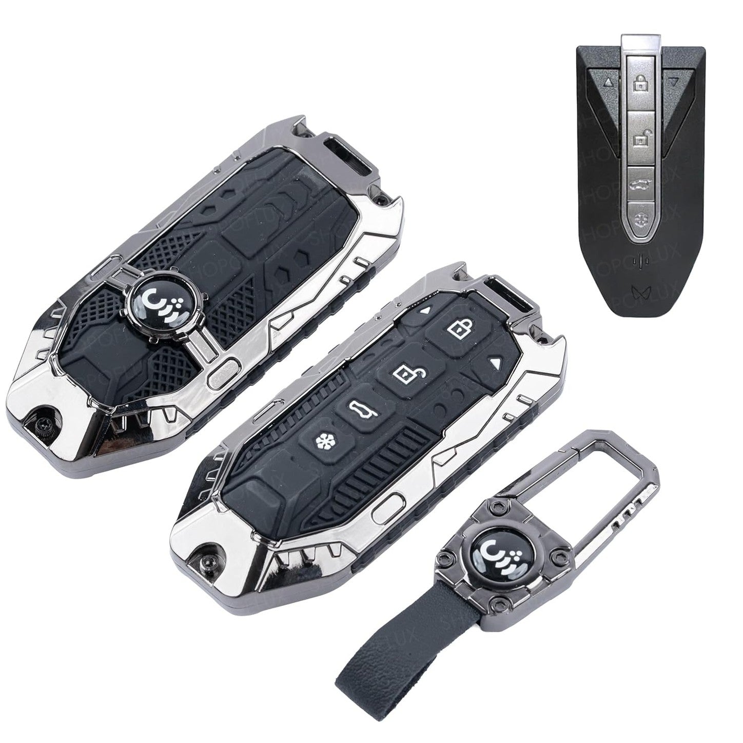 SHOPOFLUX Metal Key Cover Compatible with Mahindra BE 6, XEV 9 EV, XUV 7XO Smart Key (Metal Black Silicone) Shopoflux