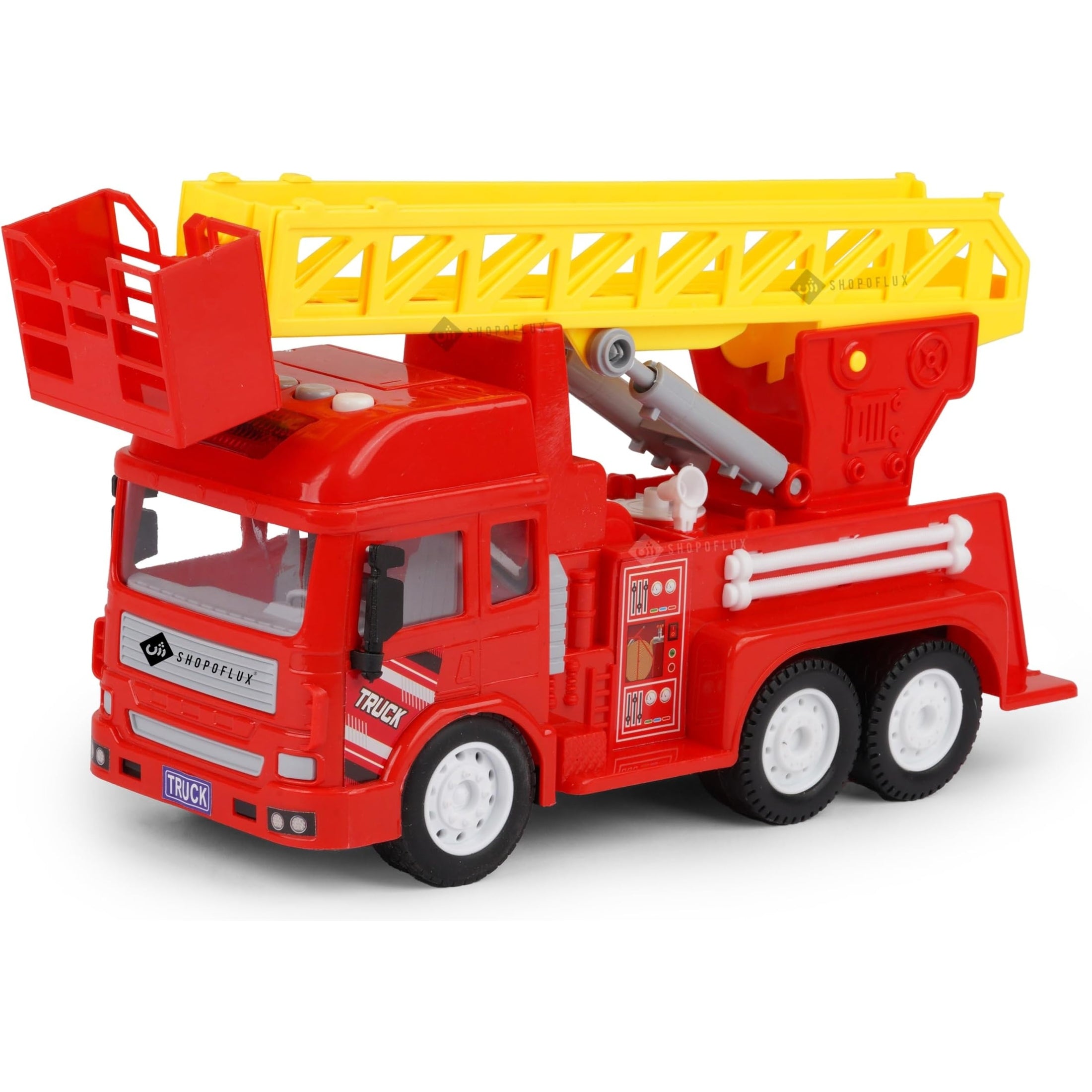 SHOPOFLUX Fire Ladder Rescue Truck Toy with Light & Sound, Friction Powered Push and Go Truck Toys for Kids, Boys and Girls Aged 3+ Year Fire Truck