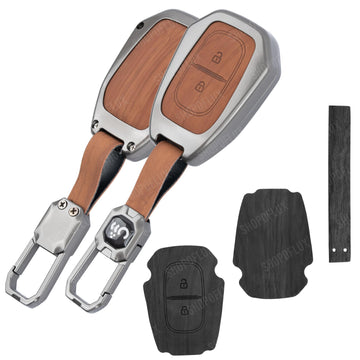 SHOPOFLUX Metal Key Cover Compatible with Renault Kwid | Triber | Kiger | Duster (Black Brown Leather)
