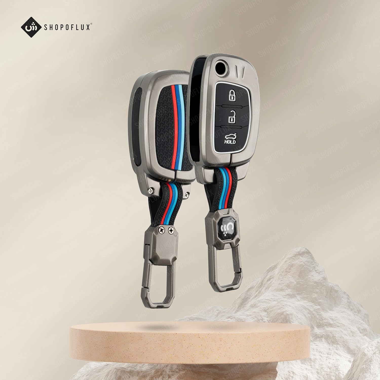 SHOPOFLUX Metal Key Cover for Hyundai Hyundai Creta, Venue, Tucson, Alcazar, I20, Grand i10 Nios, Aura, Xcent, Exter 3 Button Flip Key Only (Metal Black Silicone) Shopoflux