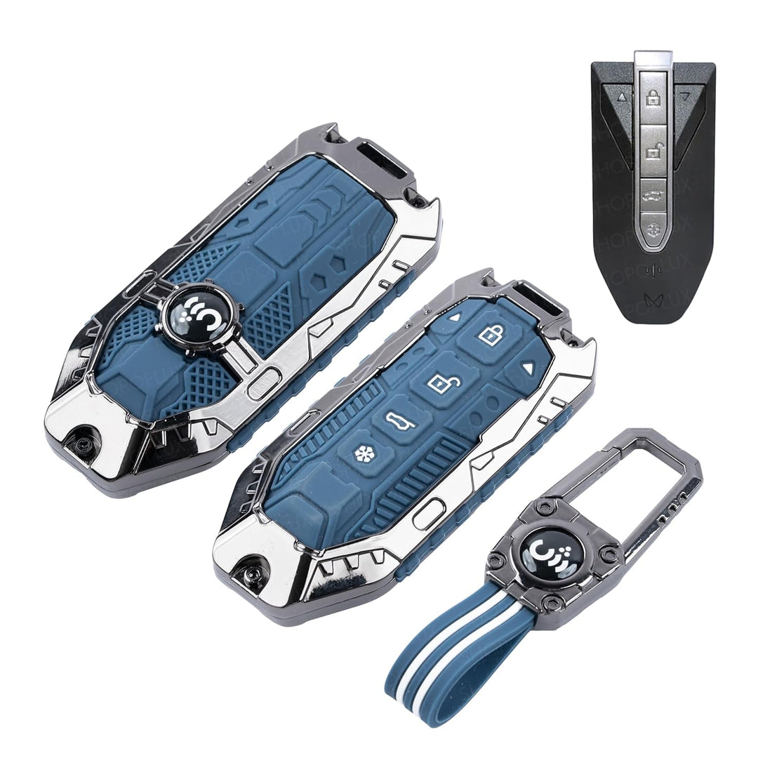 SHOPOFLUX Metal Key Cover Compatible with Mahindra BE 6, XEV 9 EV, XUV 7XO Smart Key (Metal Blue Silicone) Shopoflux