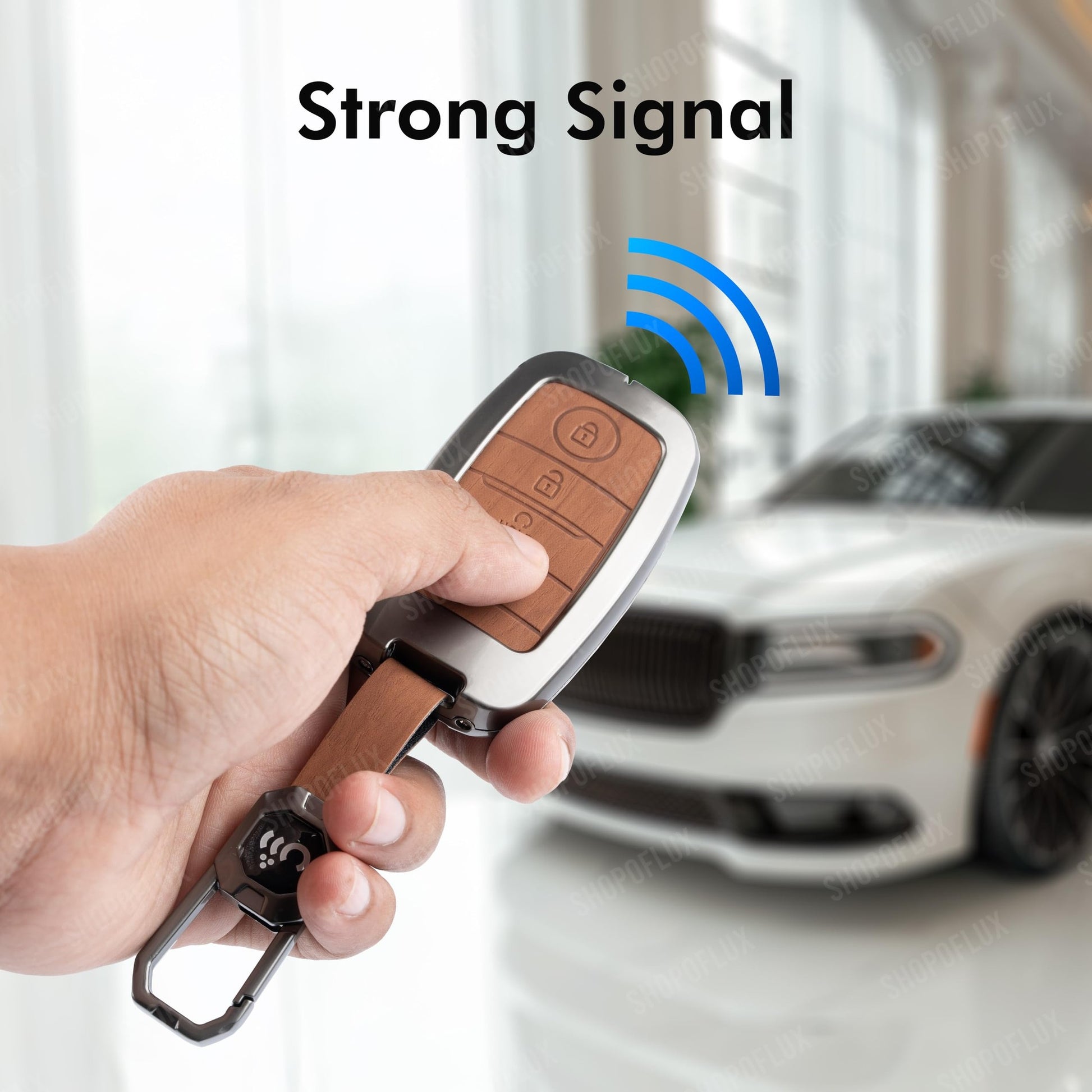 SHOPOFLUX Metal Key Cover Compatible with Kia Seltos | Sonet | Carens 4 Button Smart Key (Black Brown Leather) Shopoflux