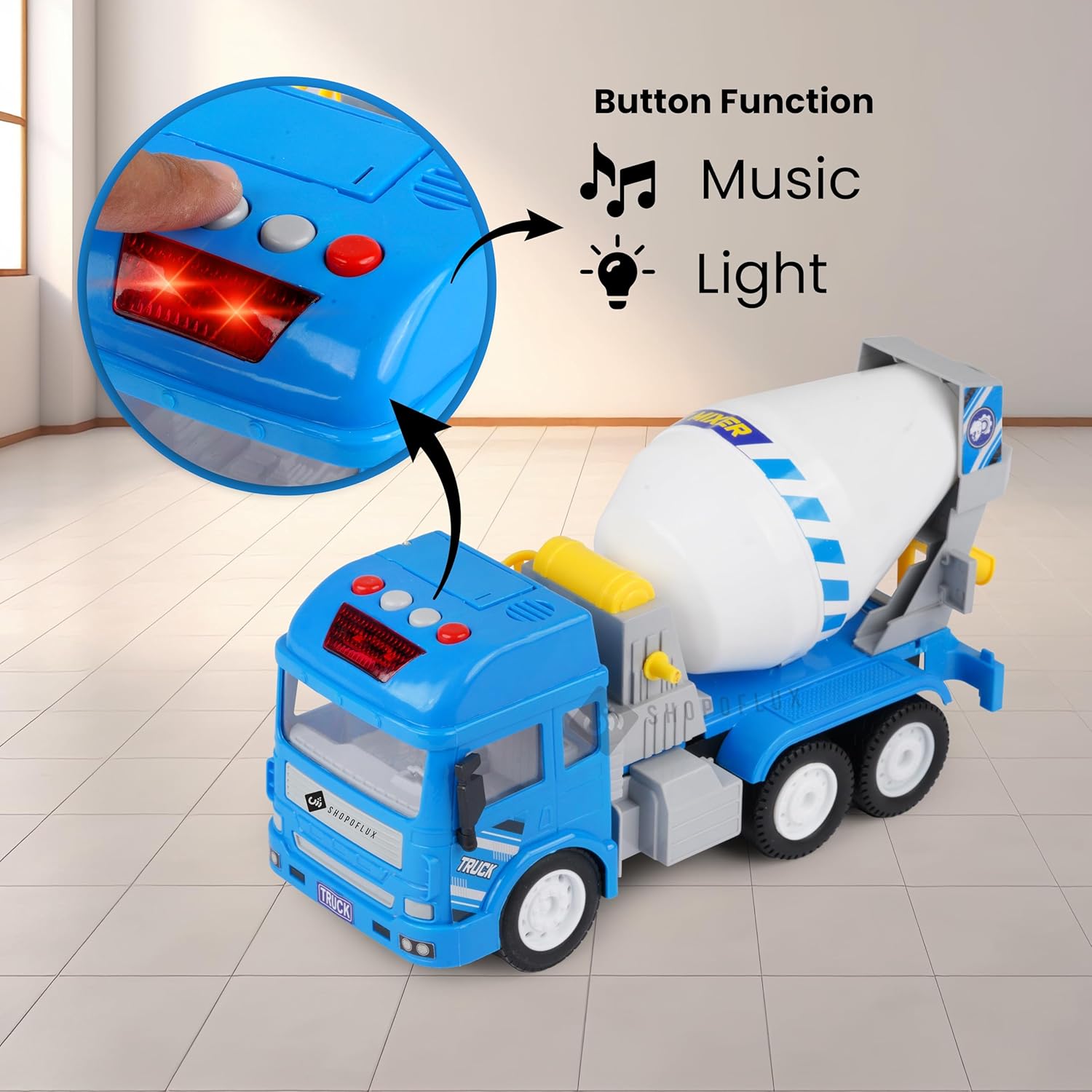 SHOPOFLUX Construction Cement Mixer Truck Toy with Light & Sound, Friction Powered Push and Go Truck Toys for Kids, Boys and Girls Aged 3+ Year Cement Mixer