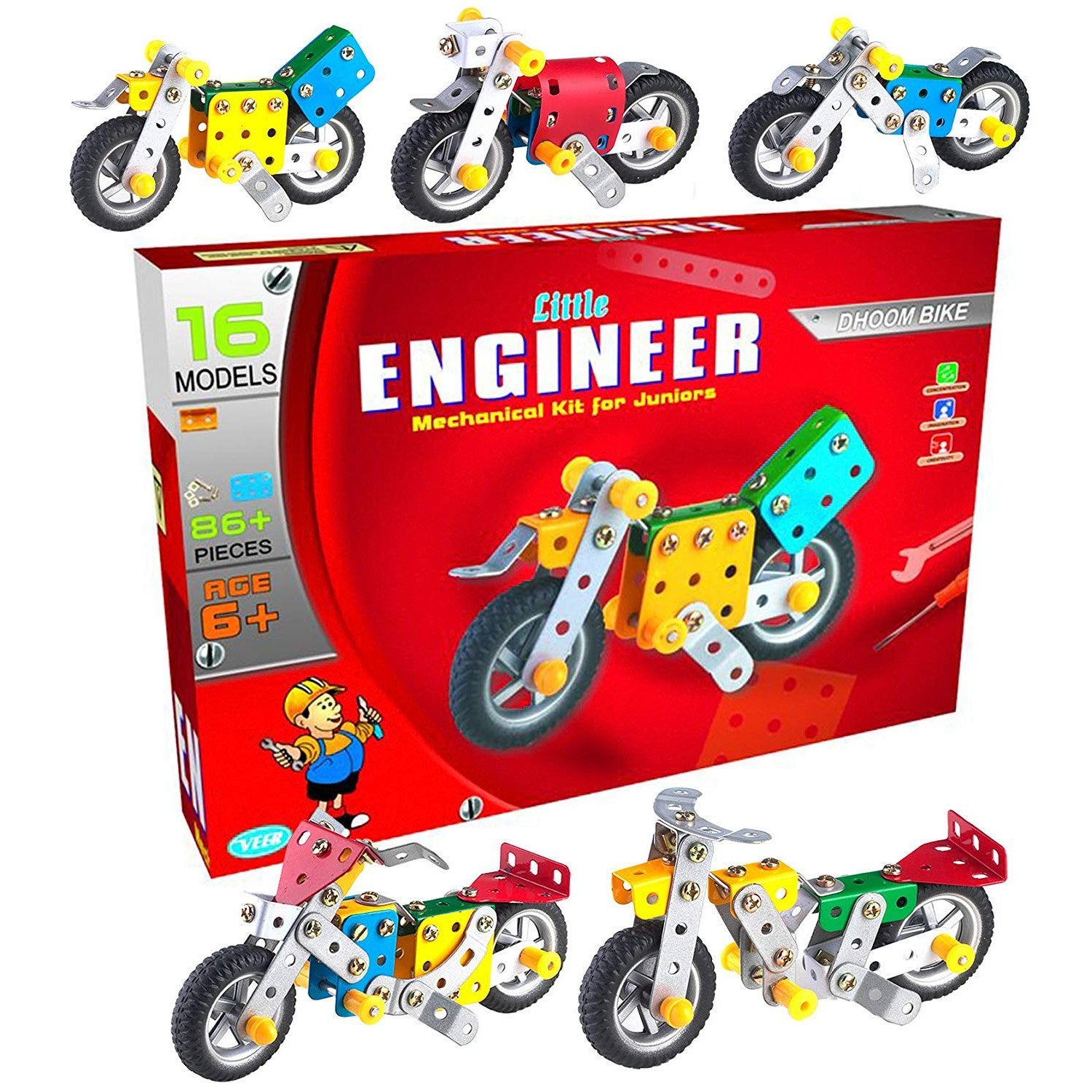 Shopoflux™ Little Engineer Mechanical Kit Dhoom Bike for Juniors (16 Models | 86+ Piece)