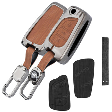 SHOPOFLUX Metal Key Cover Compatible with Toyota Innova Crysta | Corolla Altis 3 Button Flip Key (Black Brown Leather)