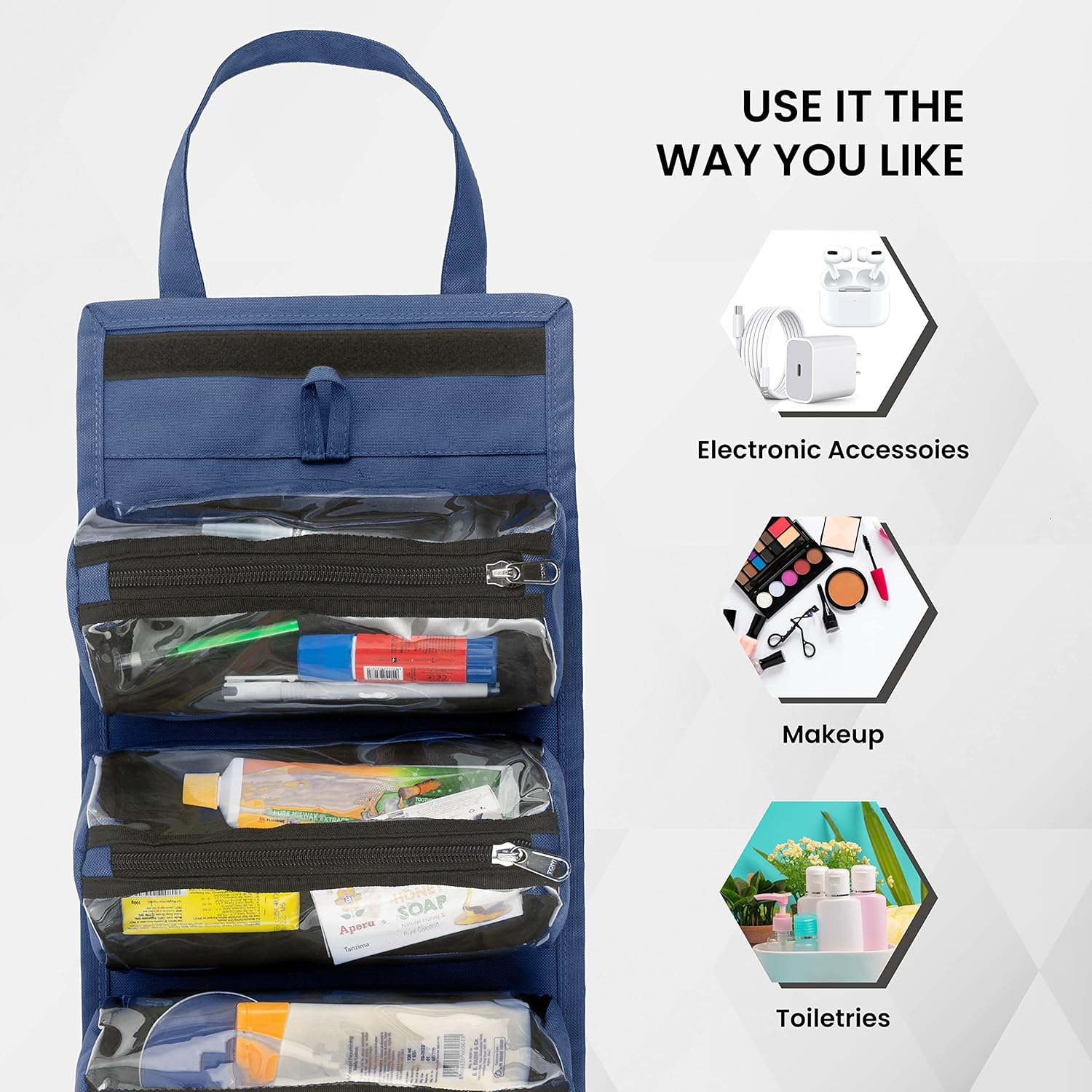 SHOPOFLUX Makeup Pouches | Cosmetic Bags | Toiletry Kits Organizer for Travel with Handle Blue