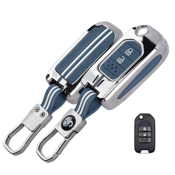 SHOPOFLUX Metal Key Cover Compatible for Honda Amaze, Honda City, Jazz, CR-V, WR-V 2 Button Flip Key (Metal Silicone Blue) Shopoflux