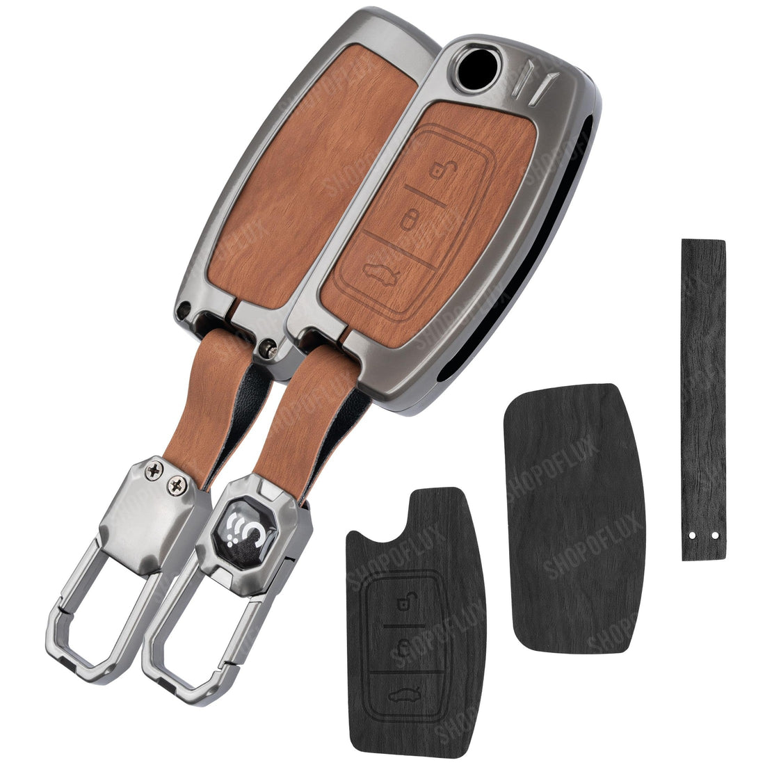 SHOPOFLUX Metal Key Cover Compatible for Ford Old Ecosport | Fiesta | Figo 3 Button Flip Key (Black Brown Leather) Shopoflux