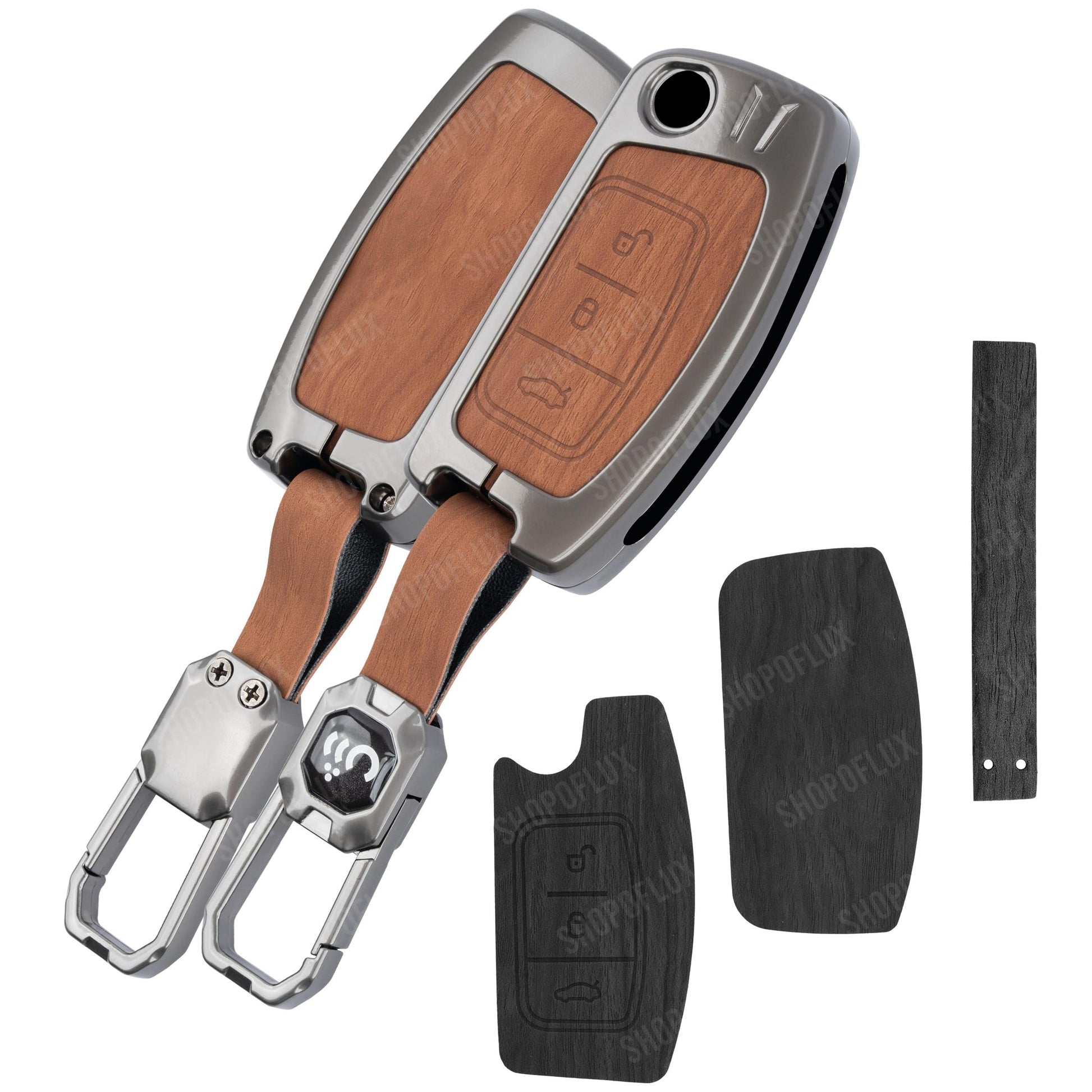 SHOPOFLUX Metal Key Cover Compatible for Ford Old Ecosport | Fiesta | Figo 3 Button Flip Key (Black Brown Leather) Shopoflux