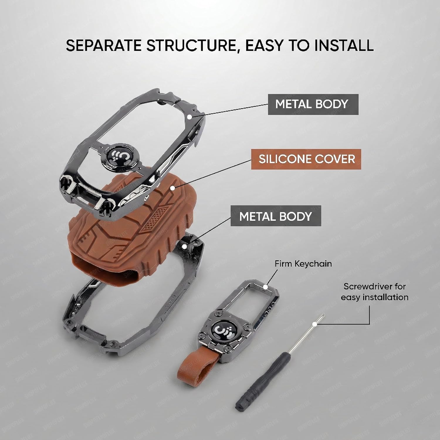 SHOPOFLUX Metal Key Cover Compatible with Mahindra BE 6, XEV 9 EV, XUV 7XO Smart Key (Metal Brown Silicone) Shopoflux