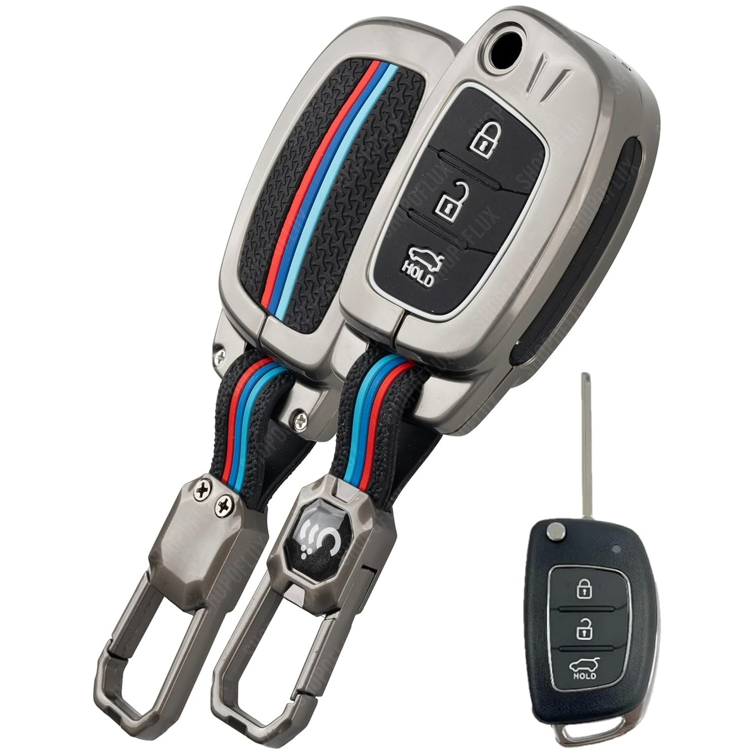 SHOPOFLUX Metal Key Cover for Hyundai Hyundai Creta, Venue, Tucson, Alcazar, I20, Grand i10 Nios, Aura, Xcent, Exter 3 Button Flip Key Only (Metal Black Silicone) Shopoflux