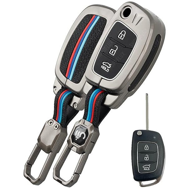 SHOPOFLUX Metal Key Cover for Hyundai Hyundai Creta, Venue, Tucson, Alcazar, I20, Grand i10 Nios, Aura, Xcent, Exter 3 Button Flip Key Only - Black