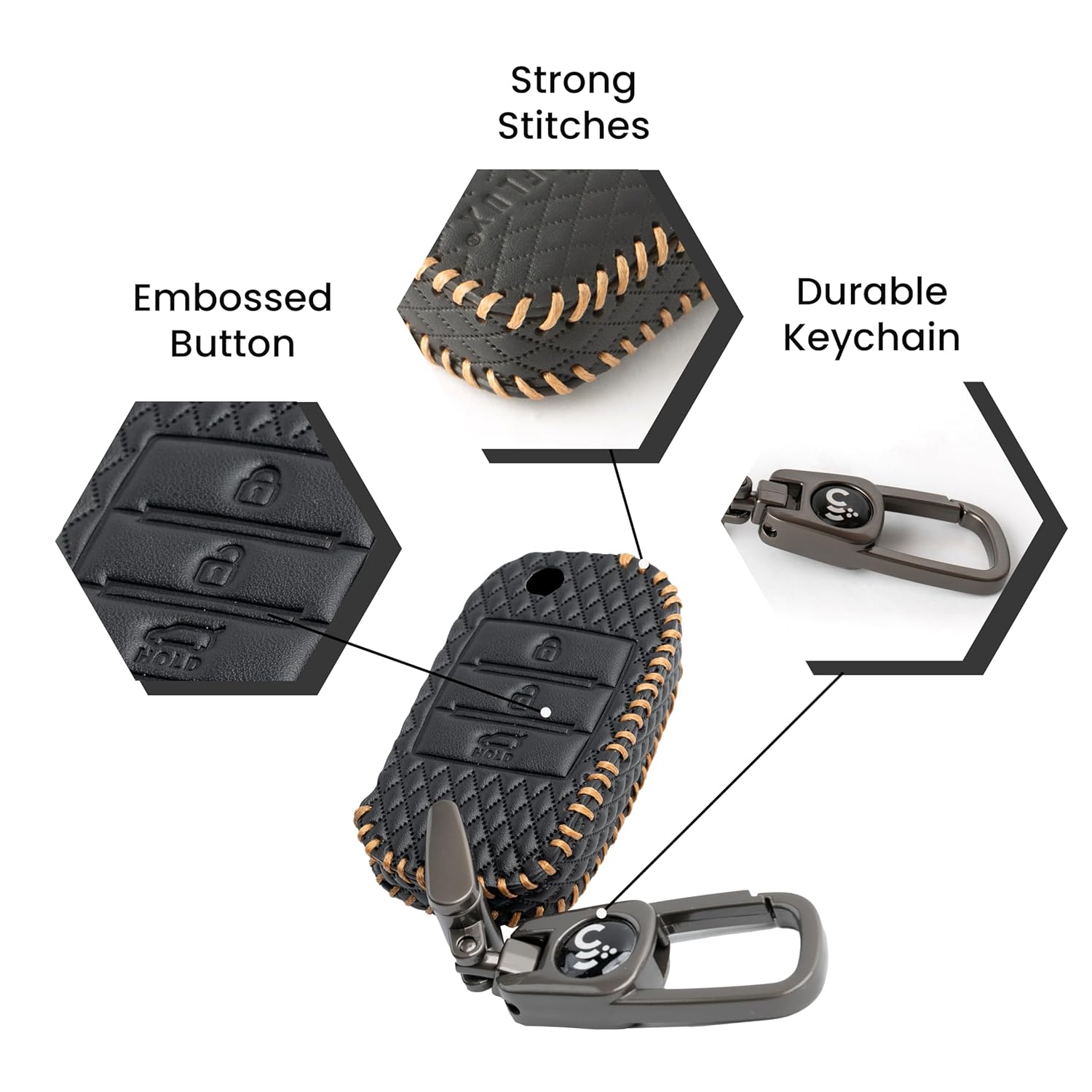 Shopoflux® Leather Key Cover Compatible for Kia Carens | Sonet | Seltos 3 Button Flip Key (Black) Shopoflux