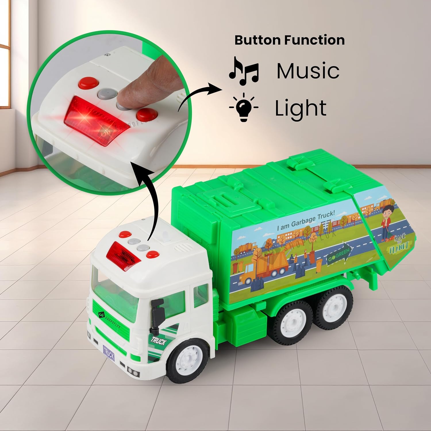 SHOPOFLUX Construction Garbage Truck Toy with Light & Sound, Friction Powered City Clean Up Push and Go Truck Toys for Kids, Boys and Girls Aged 3+ Year Garbage Truck