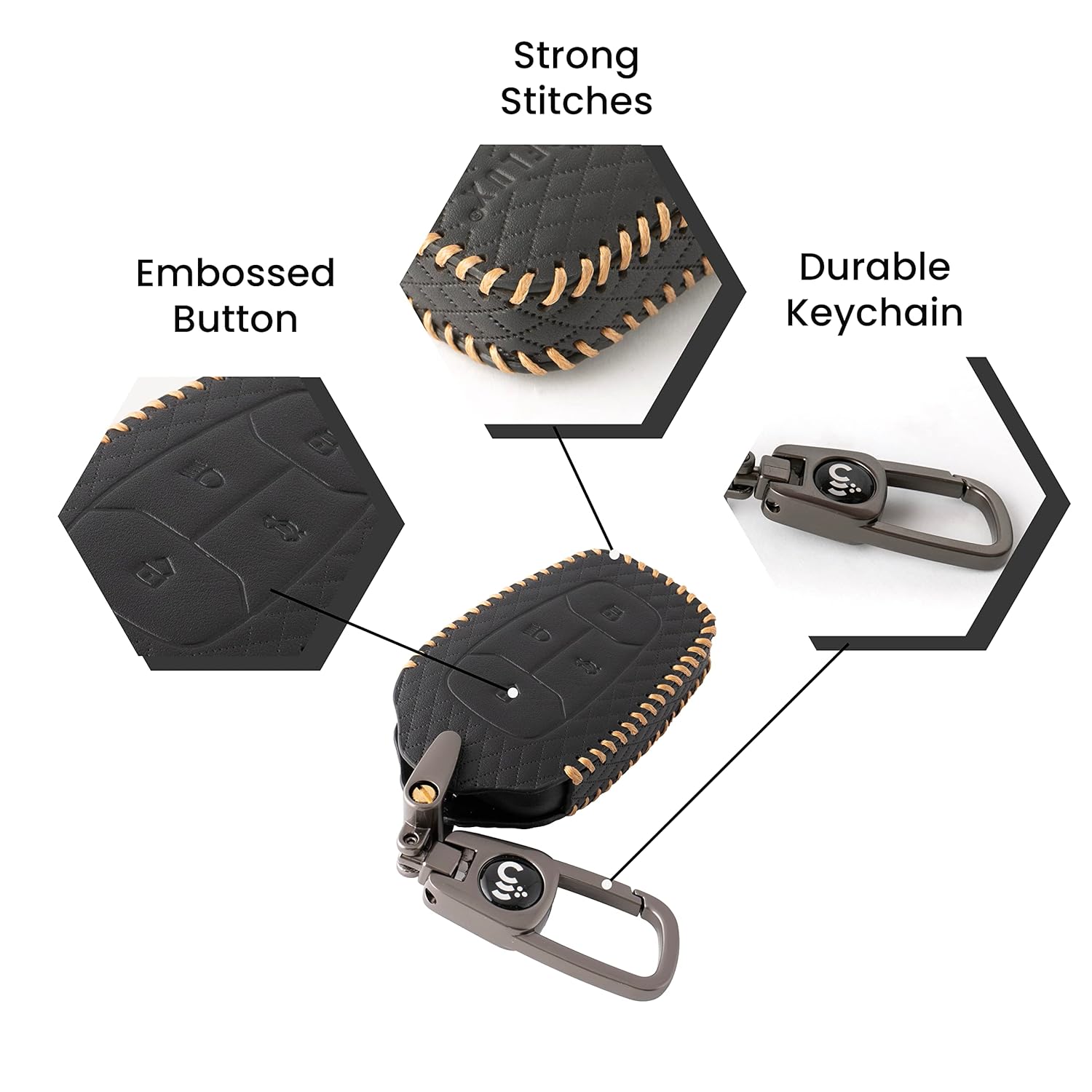 SHOPOFLUX Leather Key Cover Compatible with Tata Nexon | Harrier | Safari | Altroz | Tigor | EV | Punch | Tiago EV Electric 4 Button Smart Key Only Leather Black, 2