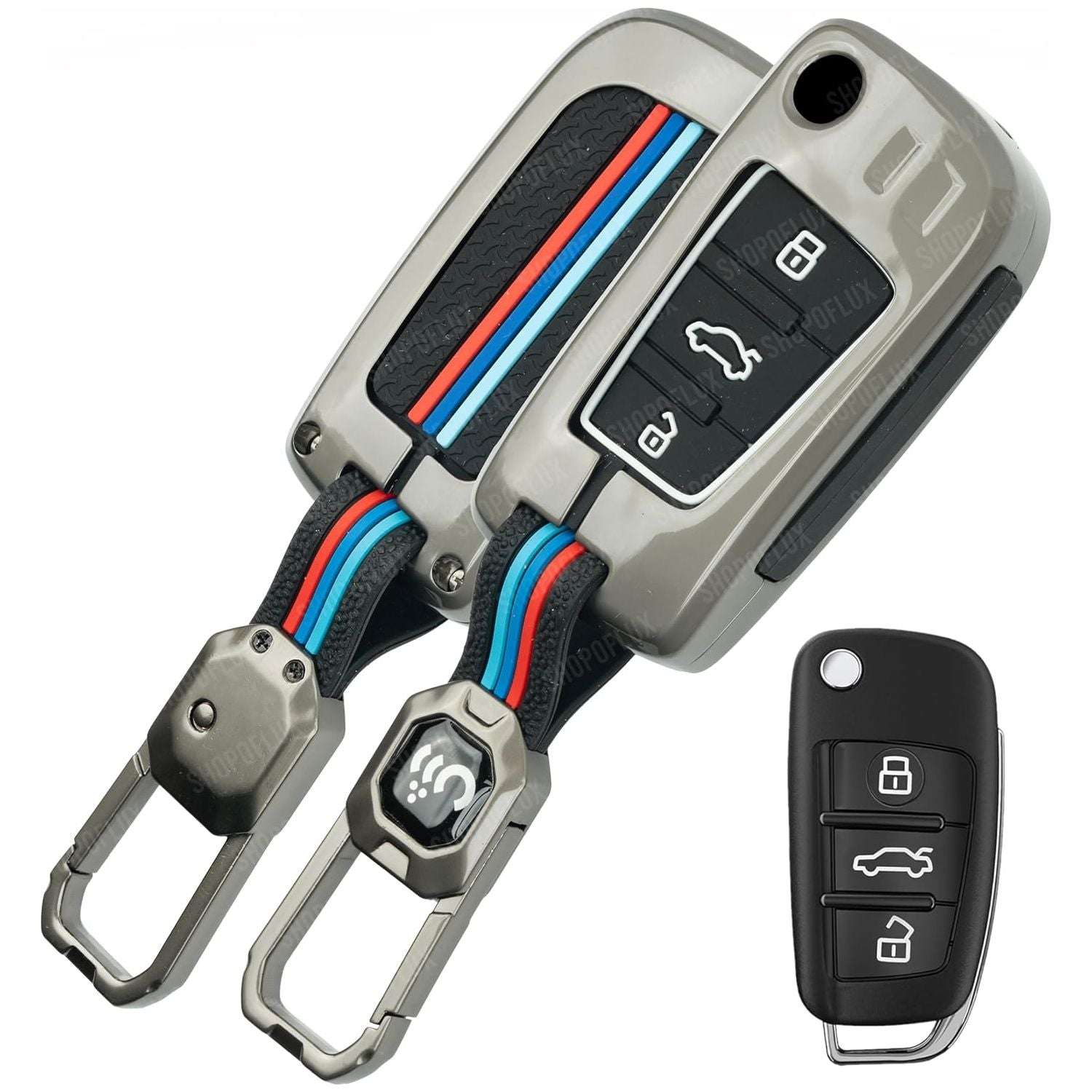 SHOPOFLUX Metal Car Key Cover Compatible for Audi A1 A3 A6 Q2 Q3 Q7 TT TTS R8 S3 S6 RS3 3 Button Flip Key