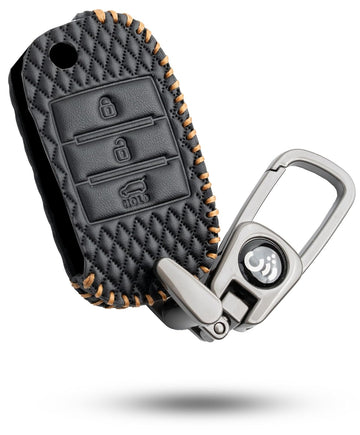 Shopoflux® Leather Key Cover Compatible for Kia Carens | Sonet | Seltos 3 Button Flip Key (Black)