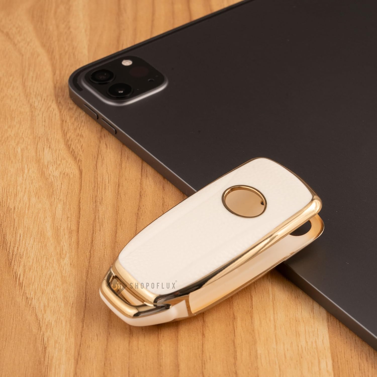 SHOPOFLUX TPU Leather Key Cover Compatible with Tata Tiago | Nexon | Altroz | Safari | Storme | Zest | Bolt | Tigor | Punch | Hexa 3 Button Flip Key White Gold