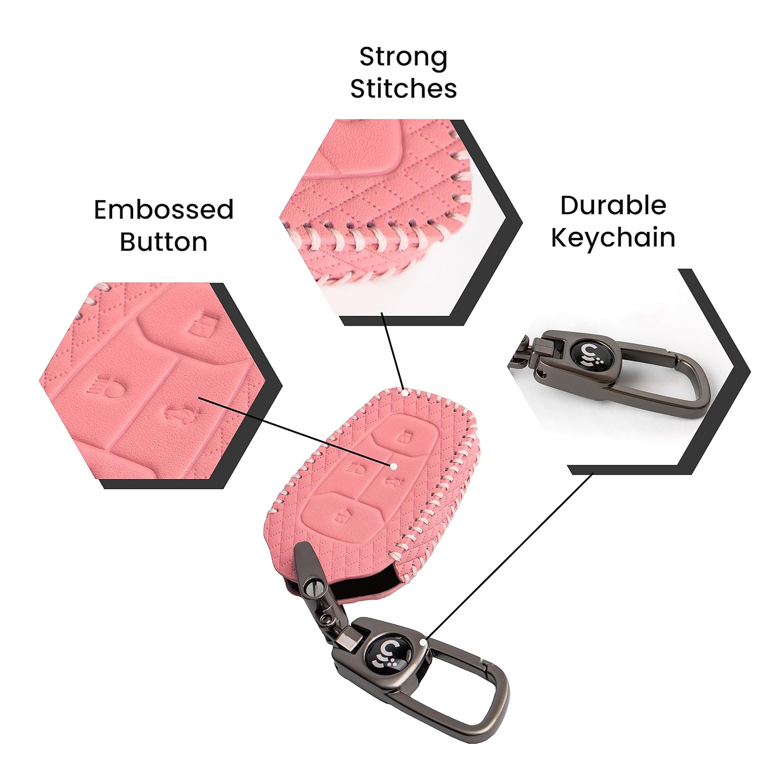 SHOPOFLUX Leather Key Cover Compatible with Tata Nexon | Harrier | Safari | Altroz | Tigor | EV | Punch | Tiago EV Electric 4 Button Smart Key Only Leather Pink, 1